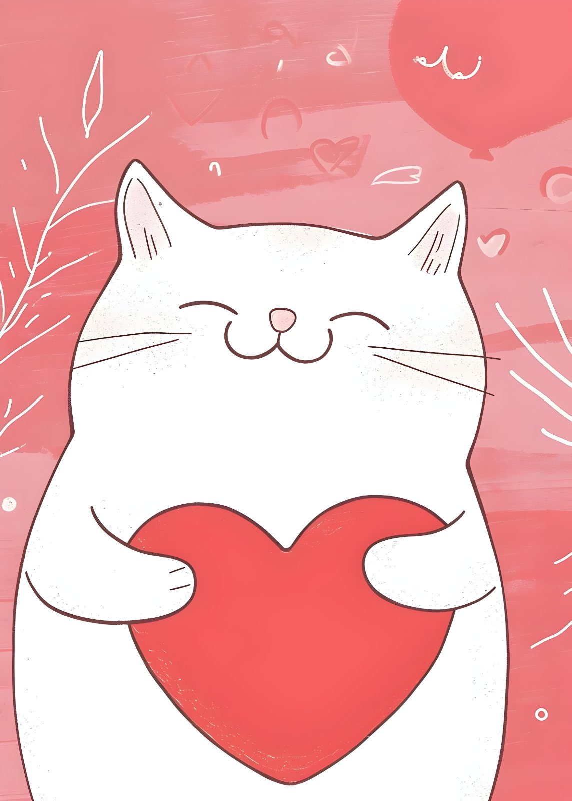  Cute White Cat Holding Heart Poster – Whimsical Feline Nursery Poster, Pink Kids Room Decor — Poster