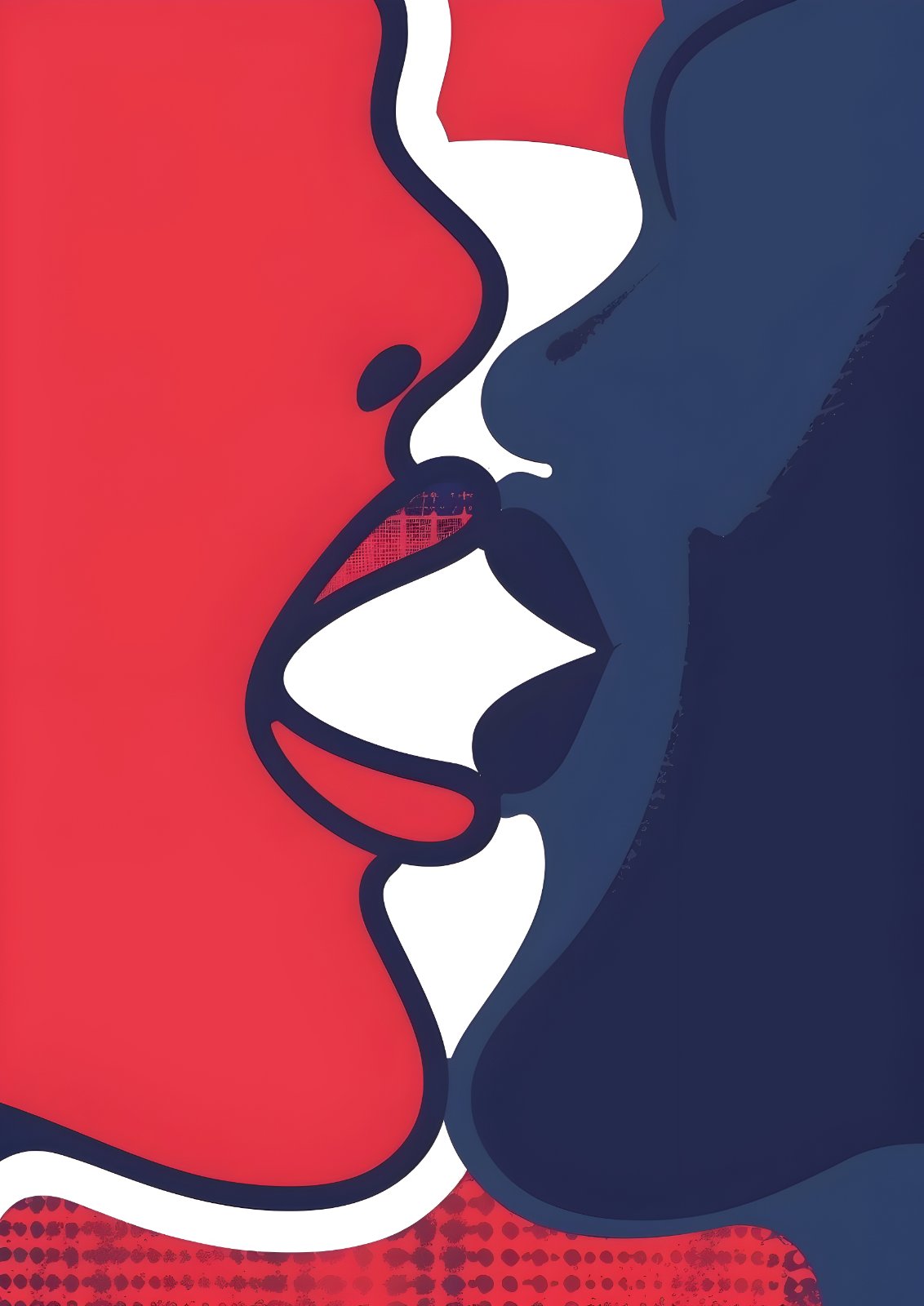 Romantic Pop Art Wall Decor - Modern Intimate Kiss Poster - Bold Red & Navy Blue Abstract Minimalist Silhouette Face Art — Poster