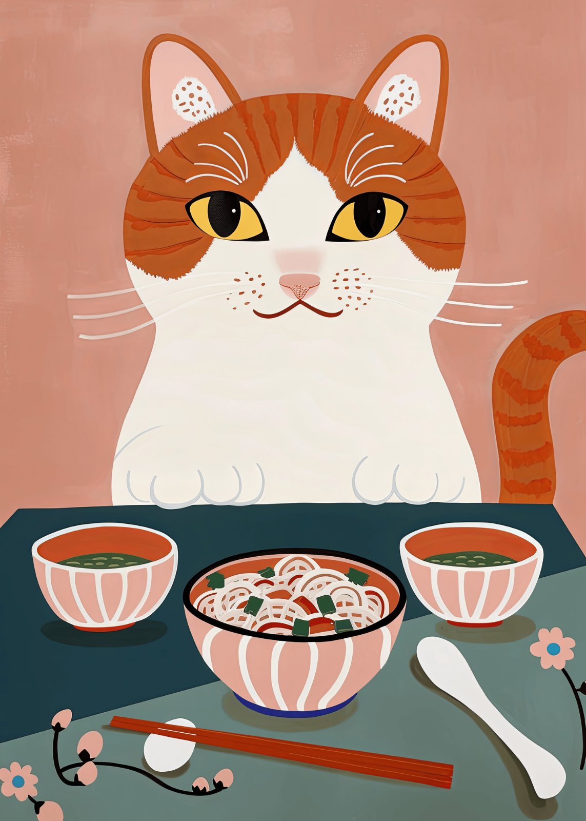 Whimsical Cat Eating Ramen Poster | Cute Orange Tabby Poster — Poster