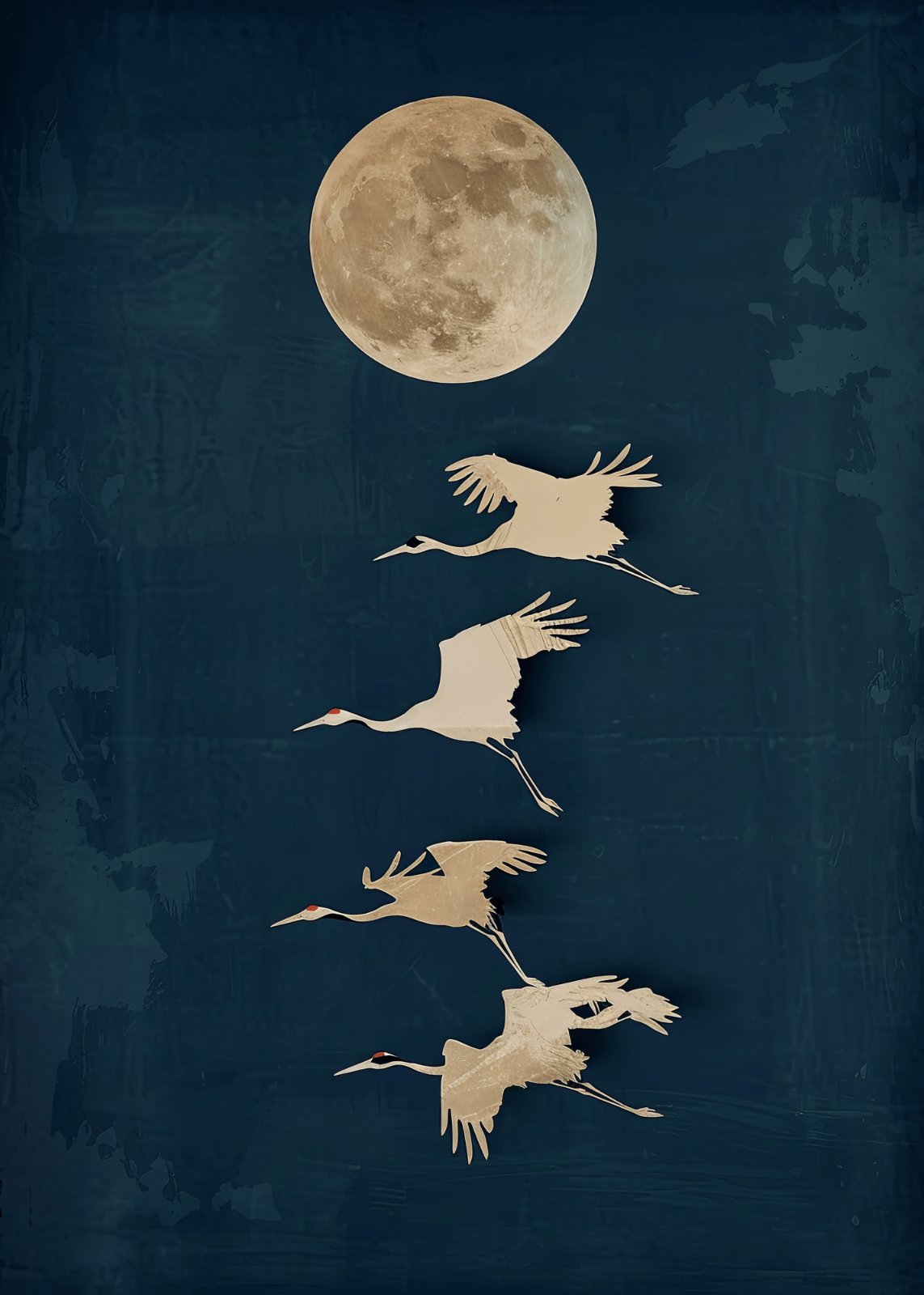 Japanese Crane Poster – Flying Birds Under Full Moon Poster, Navy Blue Asian Style Decor, Large Zen Poster for Living Room — Poster