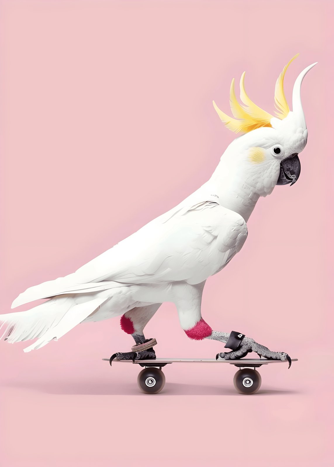 Whimsical White Cockatoo on Skateboard Poster - Modern Pink Tropical Bird Poster — Poster