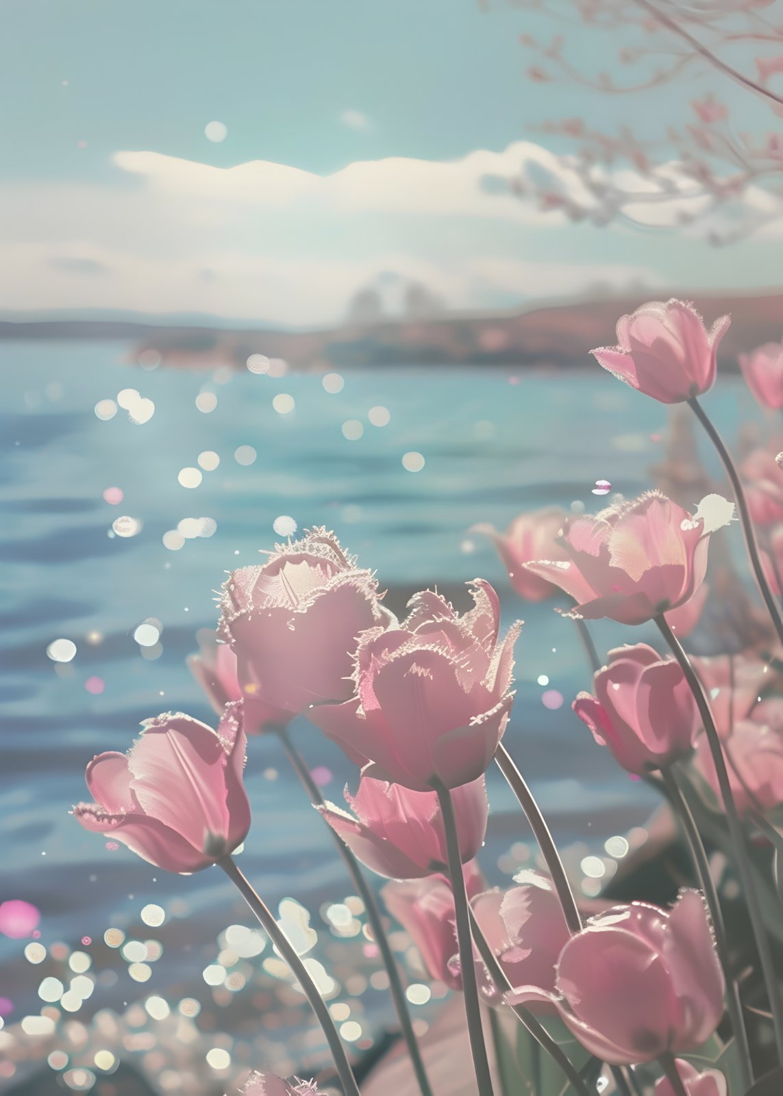 Pastel Pink Tulips Poster - Coastal Spring Floral Poster, Shimmering Lake Landscape Poster, Serene Botanical Decor for Living Room — Poster