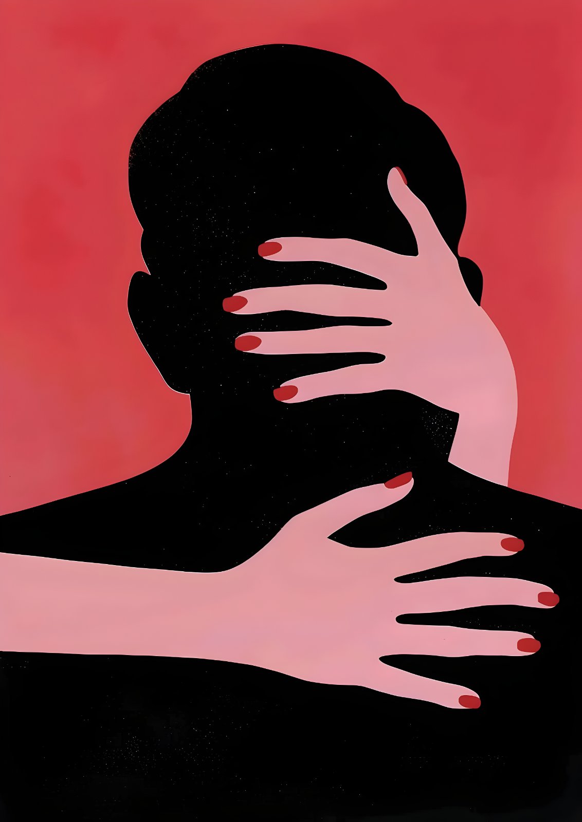 Romantic Couple Poster - Minimalist Hugging Silhouette Poster, Modern Red and Black Bedroom Decor, Intimate Love Fine Art, Passionate Embrace Illustration — Poster
