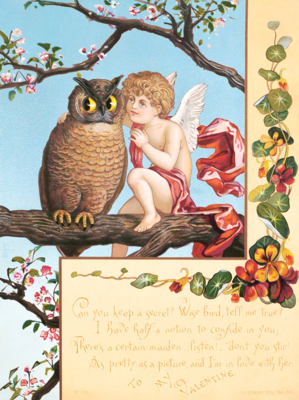 Vintage Cupid and Owl Valentine Poster | Antique Cherub Nursery Decor | Classic Romantic Poetry Art Print | Whimsical Victorian Style Poster — Poster