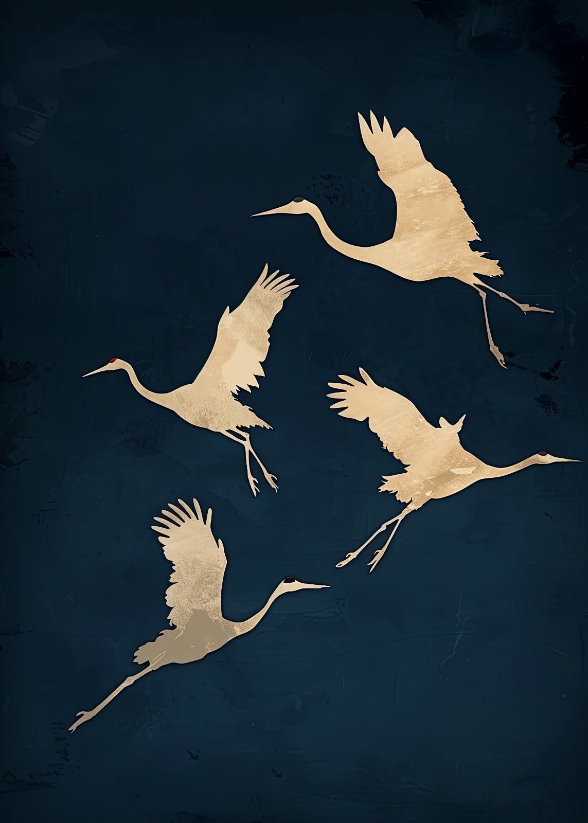 Japanese Crane Poster, Flying Birds Poster, Gold and Navy Blue Asian Decor, Elegant Chinoiserie Poster, Minimalist Zen Wildlife Art Print — Poster