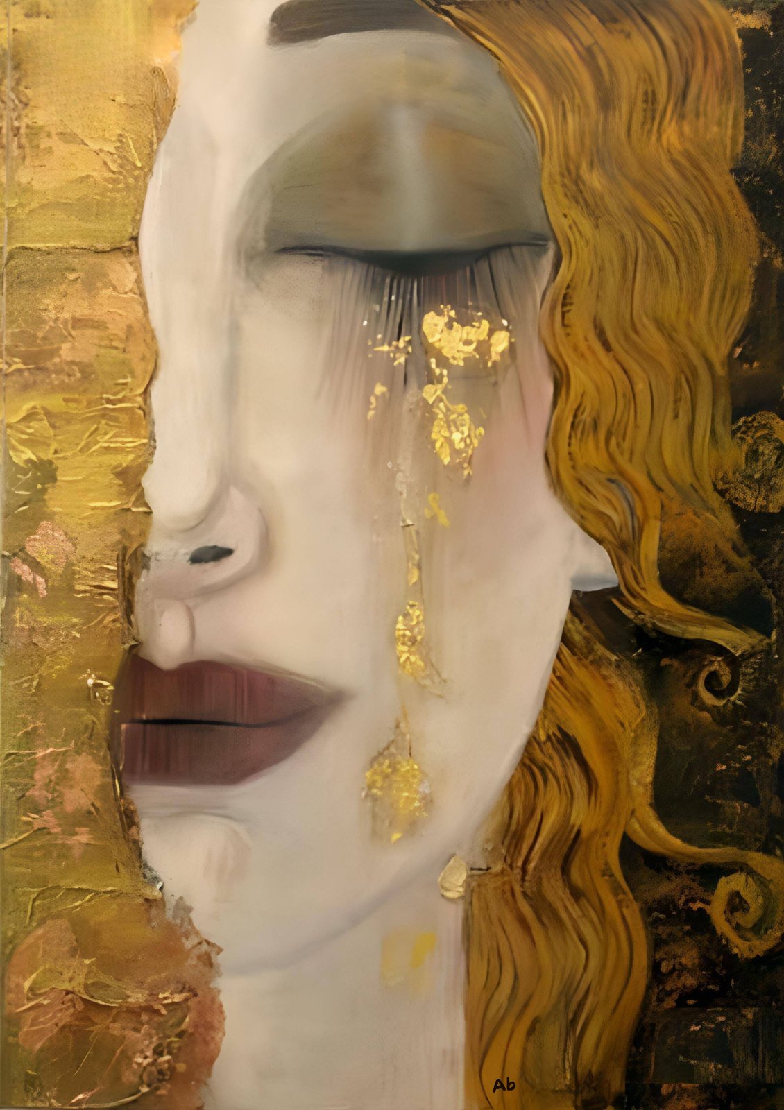 Modern Gustav Klimt Inspired Poster - Golden Tears Abstract Face Painting Print for Living Room Decor — Poster
