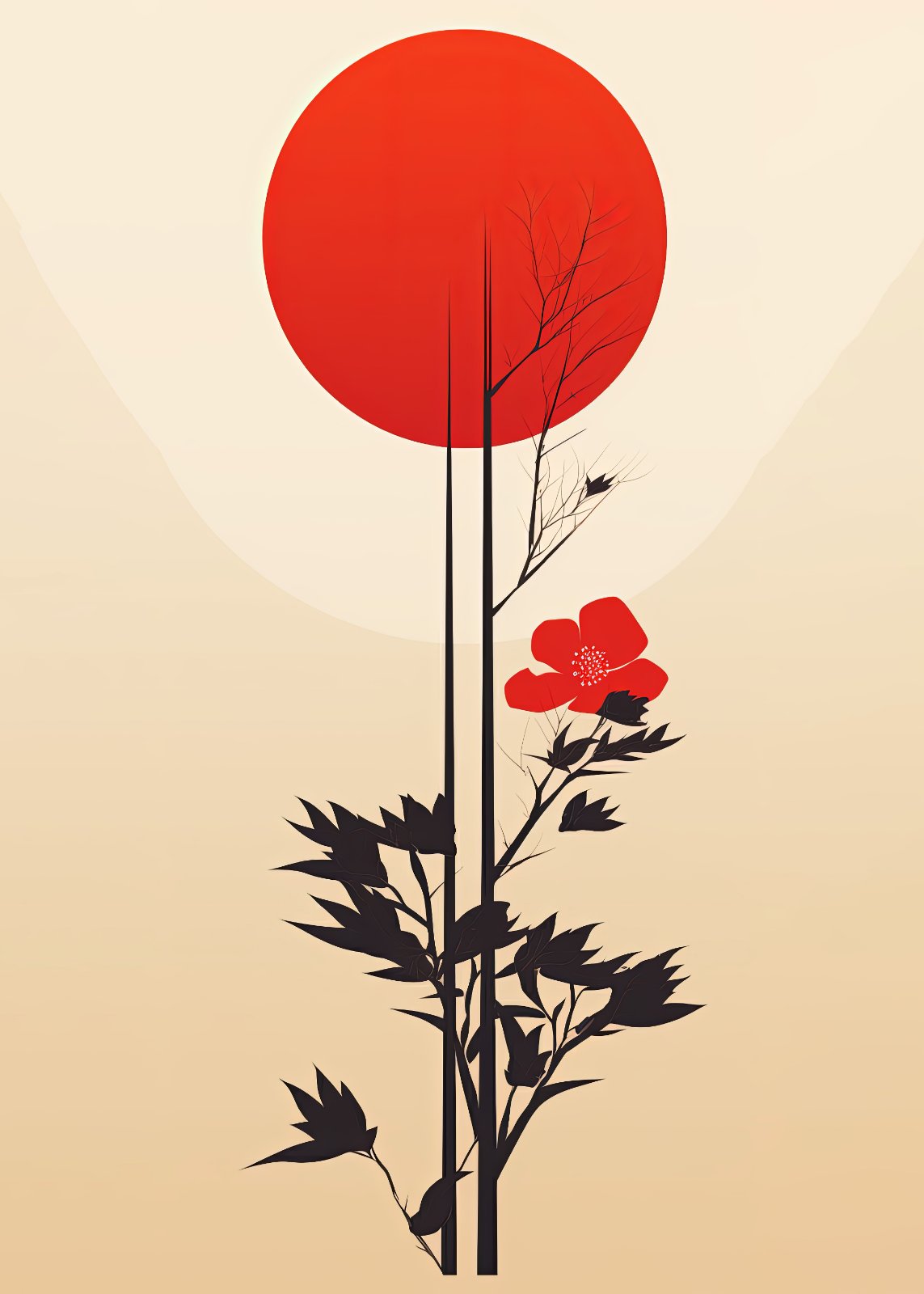 Minimalist Japanese Poster | Red Sun & Botanical Flower Poster | Modern Asian-Inspired Silhouette Poster for Living Room Deco — Poster