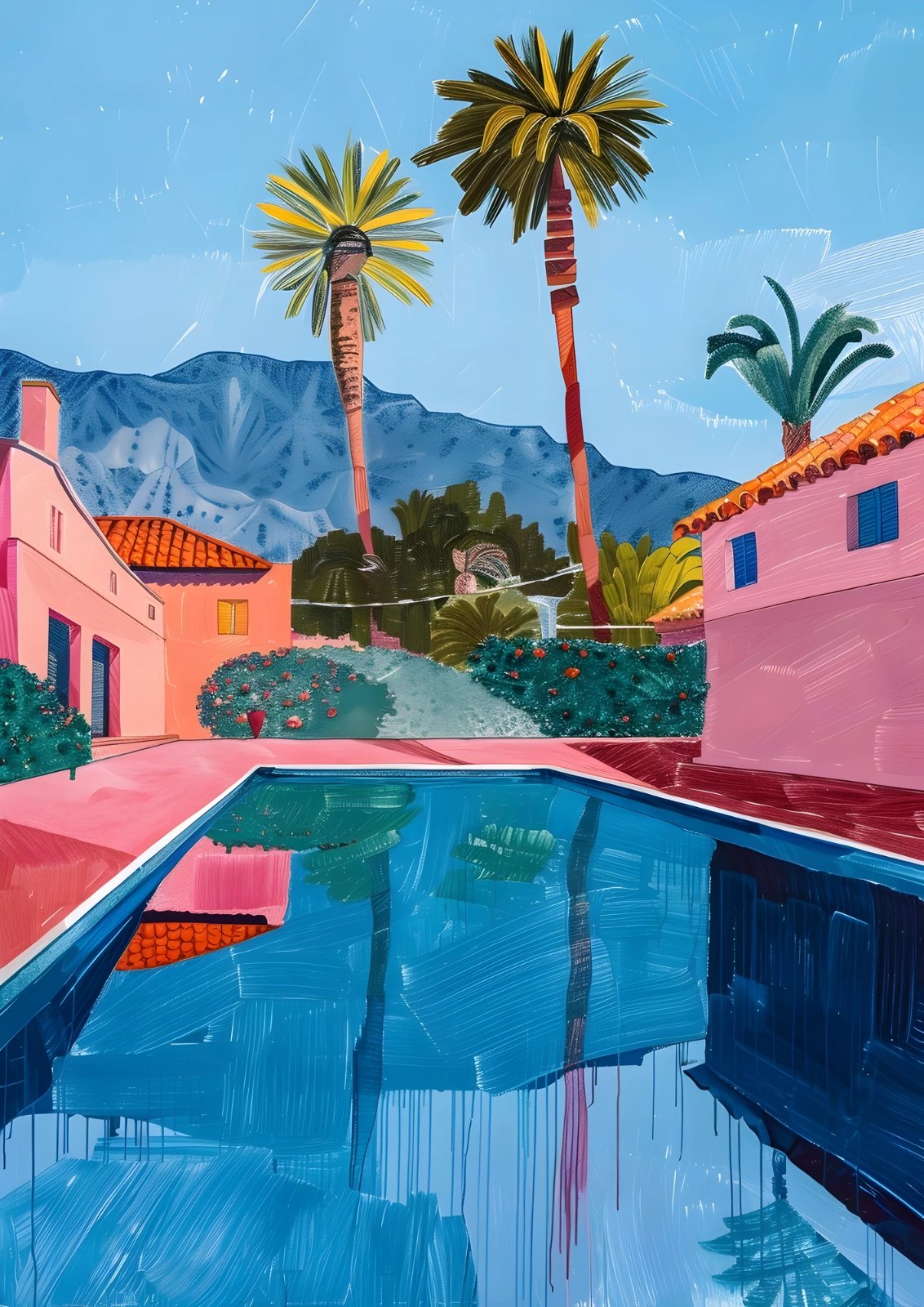 Mid-Century Modern Palm Springs Pool Poster | Vibrant Pink Villa & Palm Trees Poster — Poster