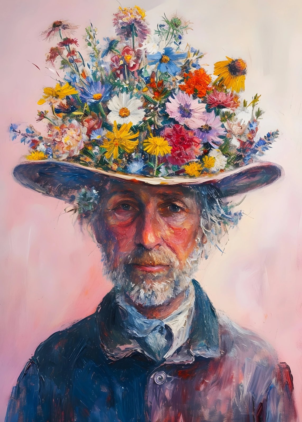 Whimsical Impressionist Floral Man Portrait Poster - Vintage Style Bearded Man with Vibrant Wildflower Hat Oil Painting Print — Poster