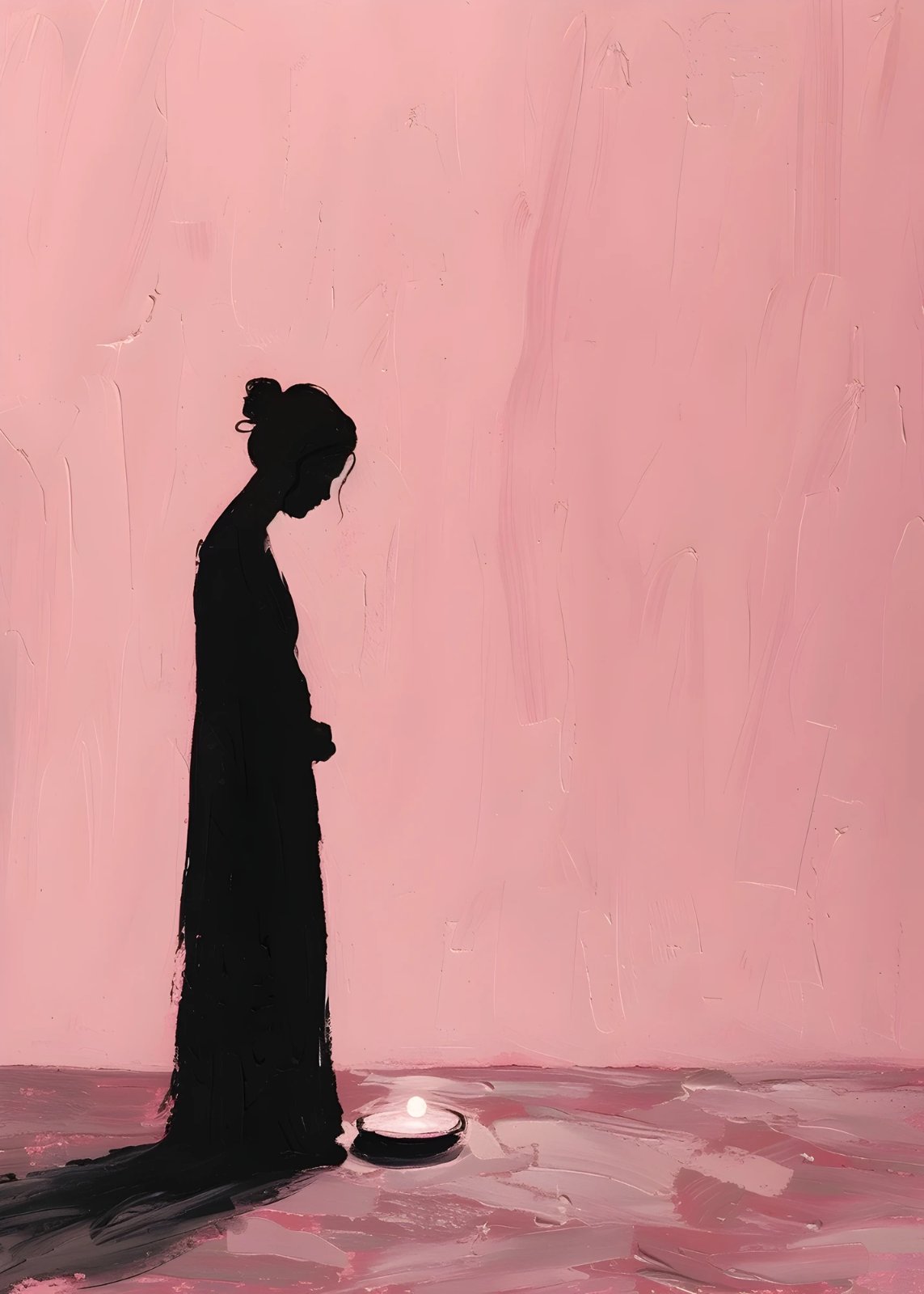 Minimalist Silhouette Poster - Elegant Woman and Candle Poster, Serene Textured Pink & Black Acrylic Painting, Modern Bedroom & Living Room Decor — Poster