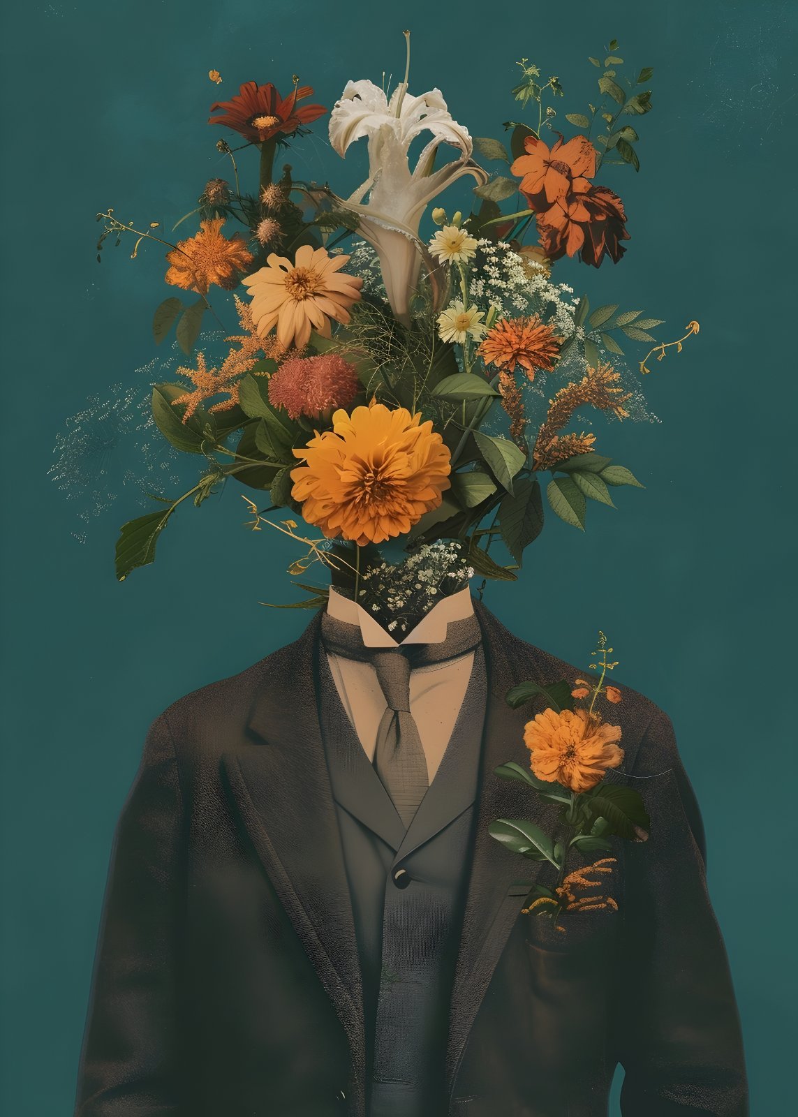 Surreal Floral Head Man Poster – Vintage Suit Bouquet Poster, Moody Teal Botanical Poster — Poster