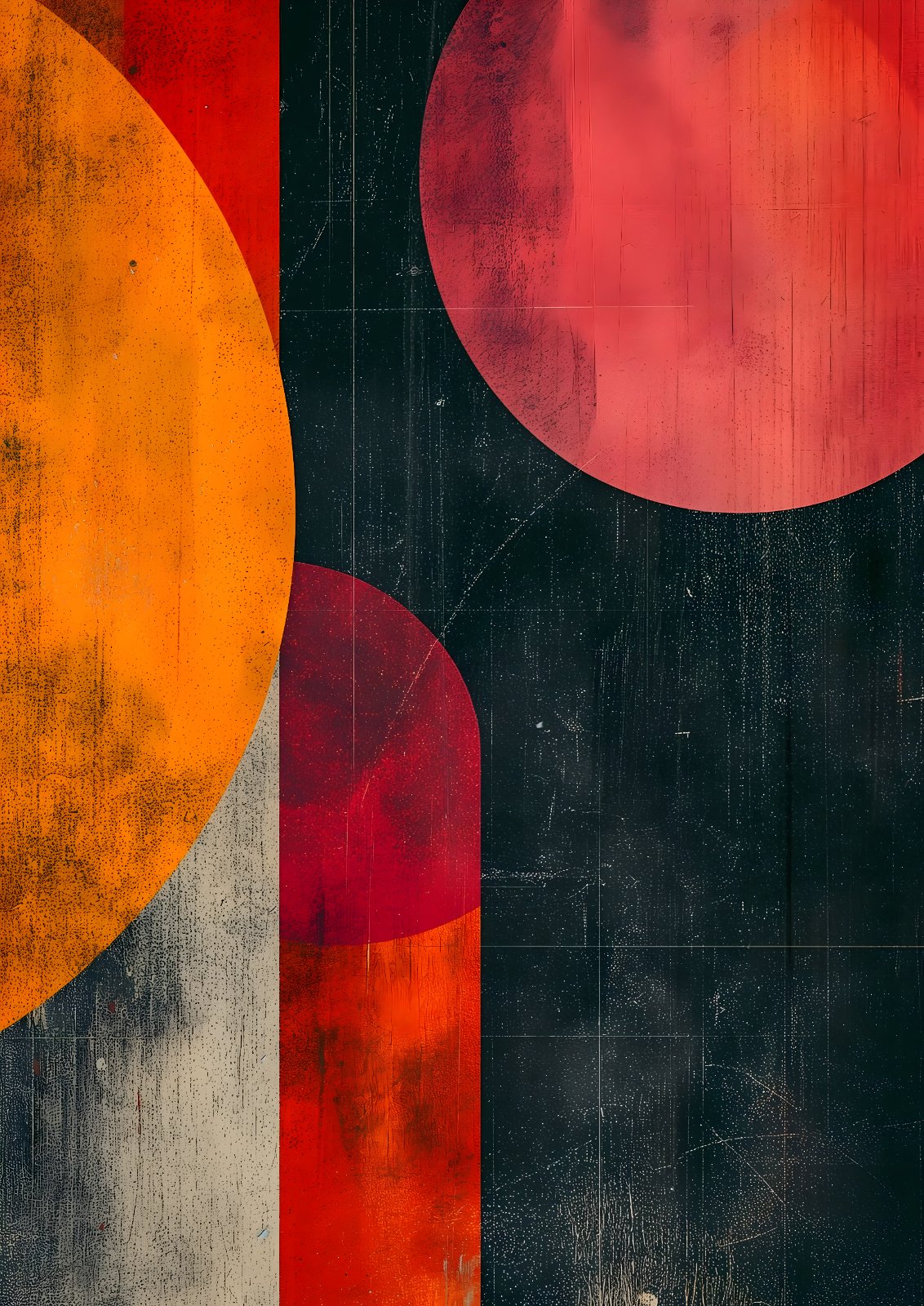 Abstract Geometric Poster - Large Orange and Red Celestial Spheres Poster, Modern Industrial Textured Fine Art Poster — Poster