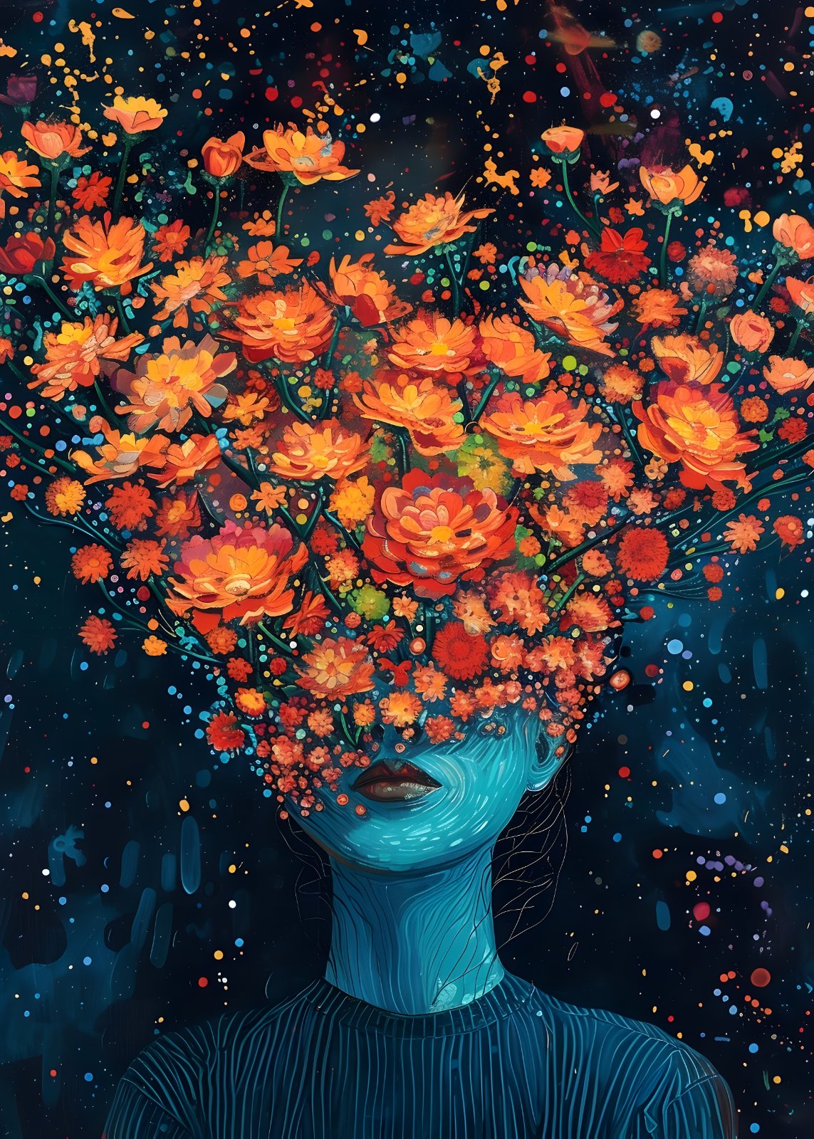 Surreal Floral Mind Poster – Vibrant Orange Blooms Cosmic Portrait Poster, Contemporary Fantasy Head Flower Decor for Living Room — Poster
