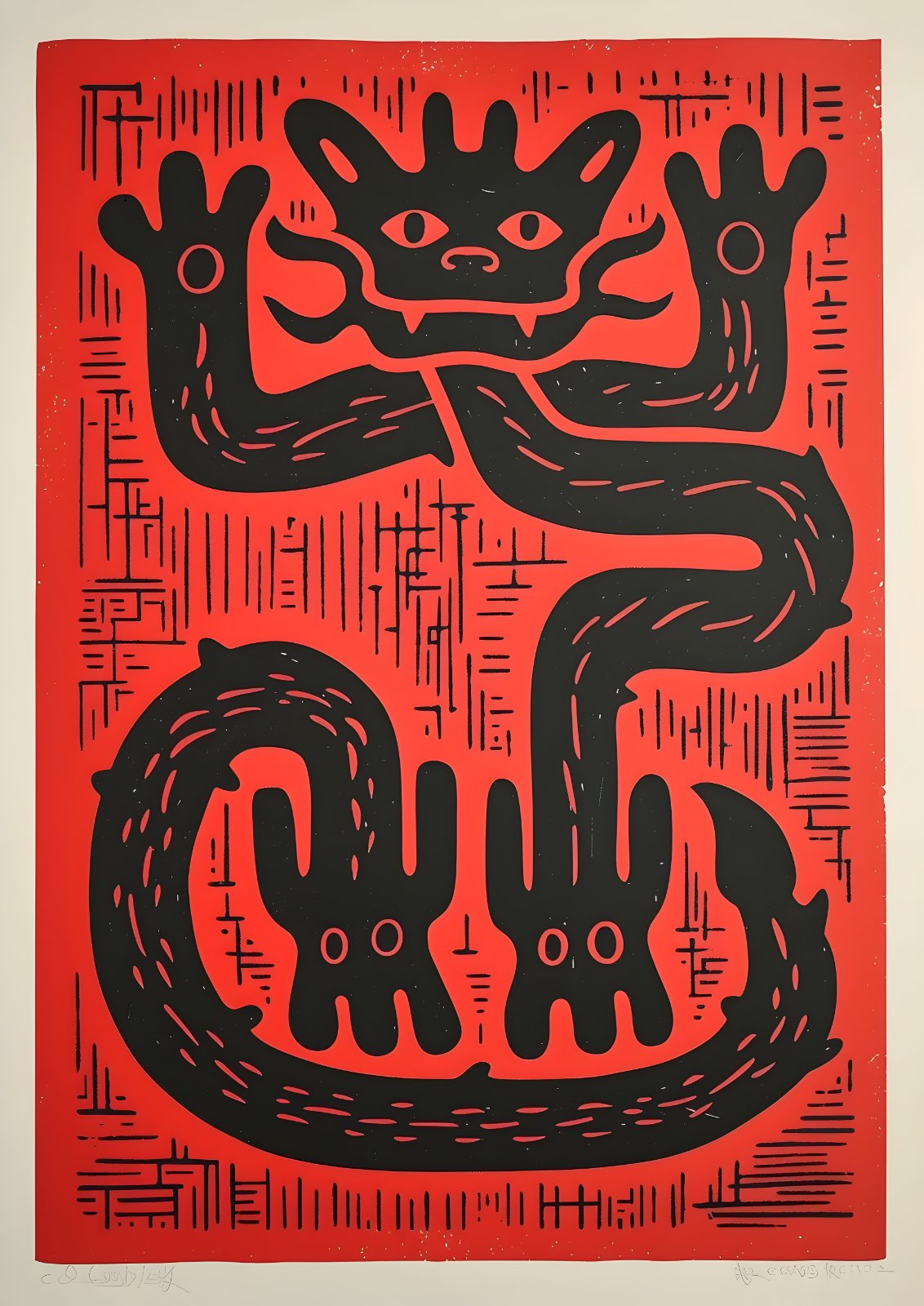 Mythical Dragon Linocut Poster – Bold Red & Black Tribal Beast Print, Contemporary Folk Art Poster Poster — Poster