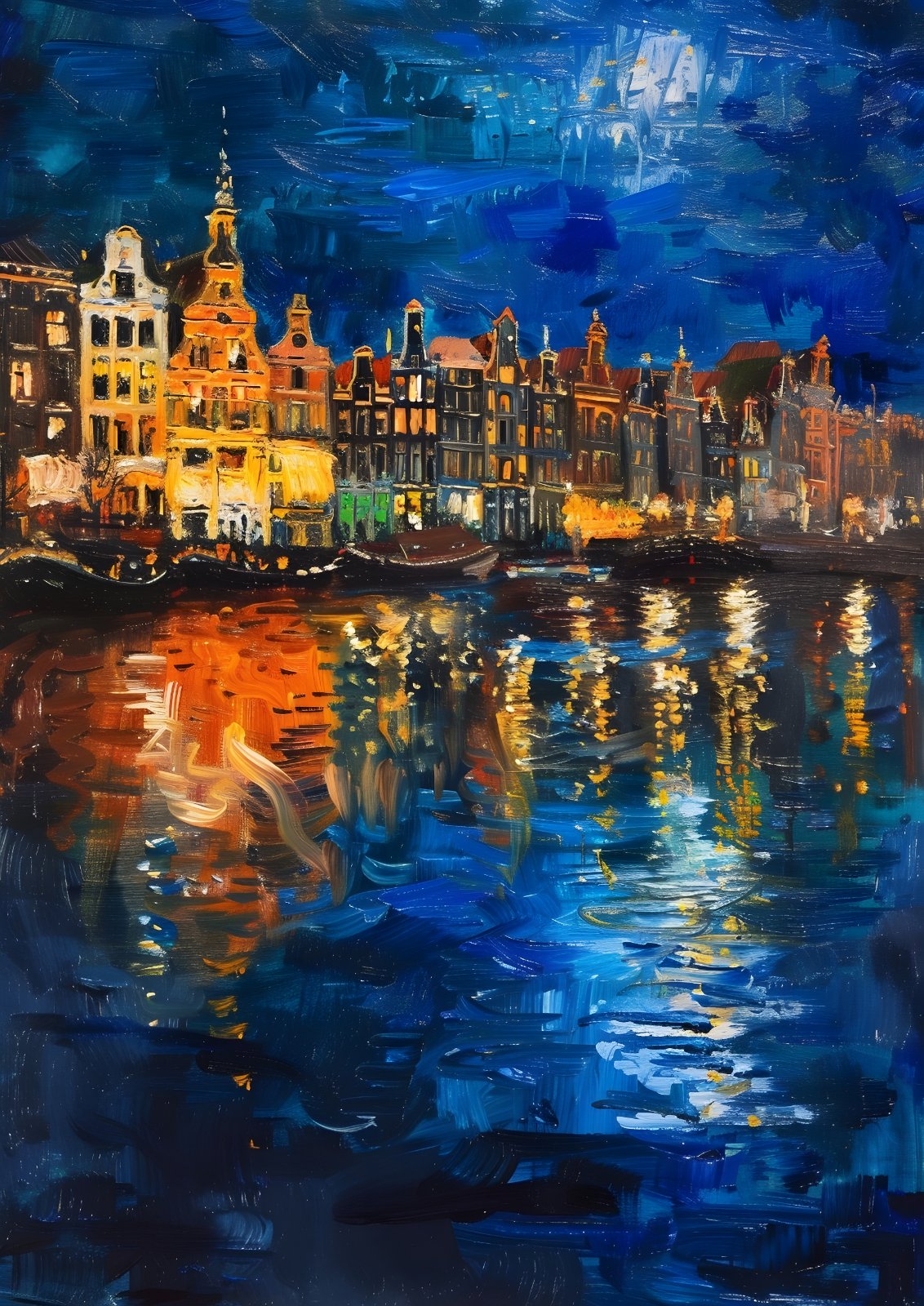 Amsterdam Canal Houses Poster - Impressionist Night Cityscape Oil Painting Print — Poster