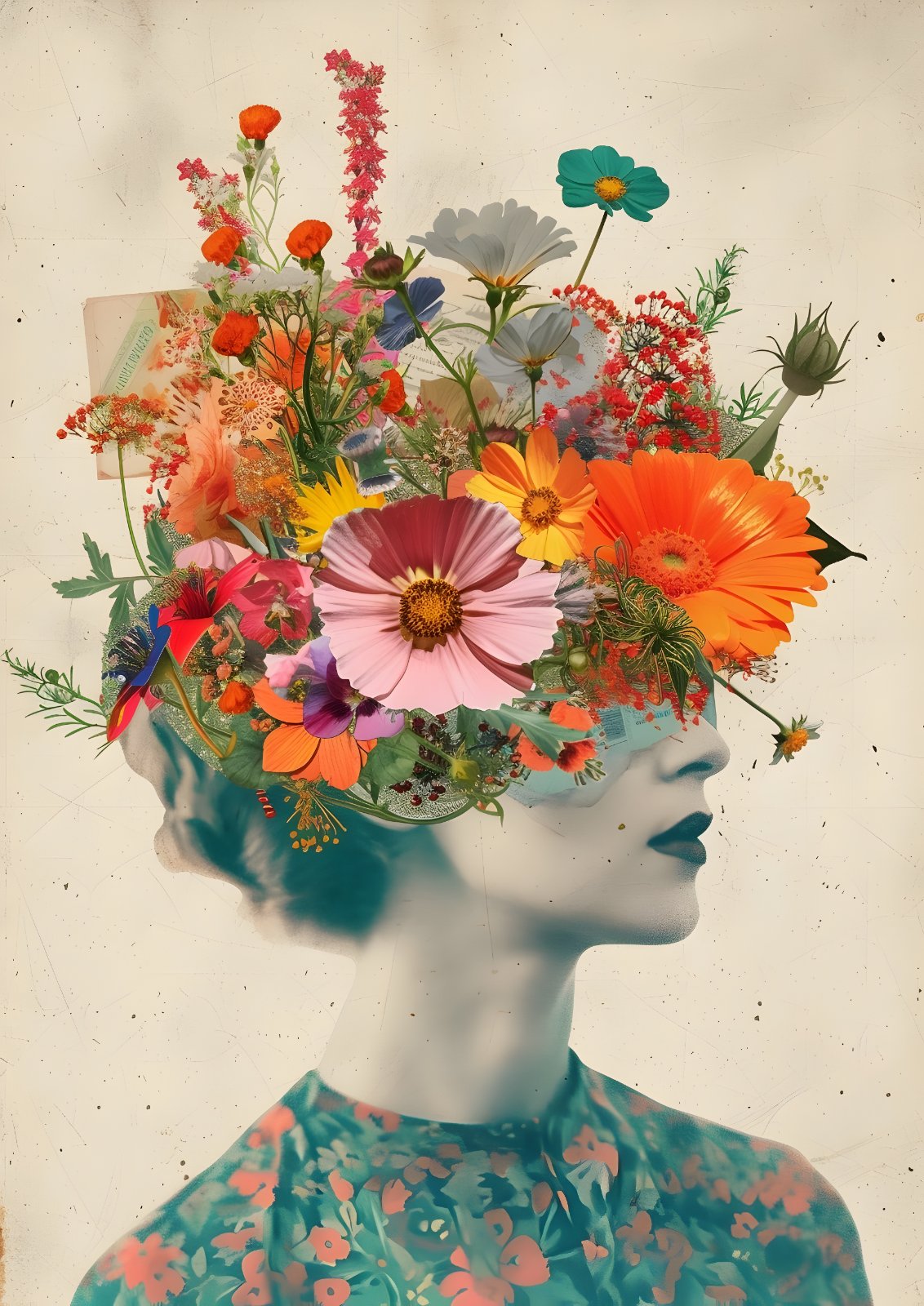 Surreal Floral Woman Portrait Poster - Vintage Surrealism Flower Head Poster, Modern Feminine Botanical Poster — Poster