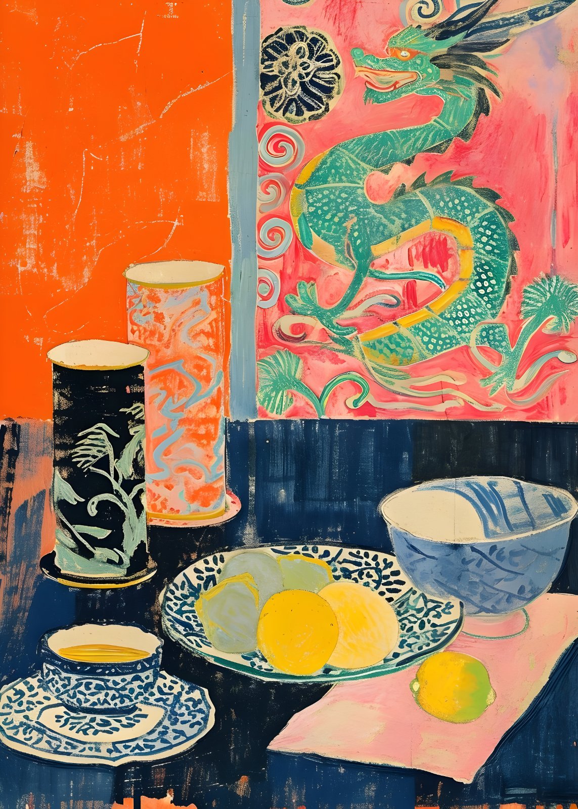 Chinoiserie Dragon Poster | Vibrant Asian Style Still Life Poster — Poster