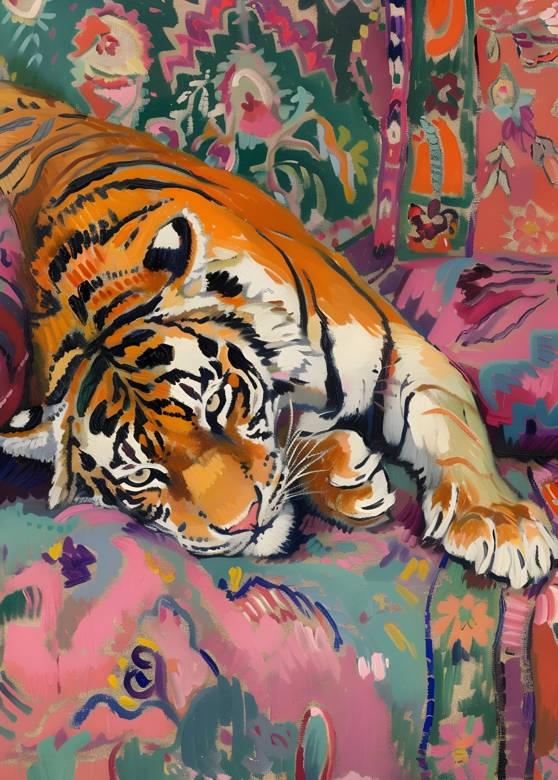 Maximalist Tiger Poster - Colorful Eclectic Jungle Decor, Vibrant Boho Animal Painting Print, Chintz Pattern Bohemian Home Decor — Poster
