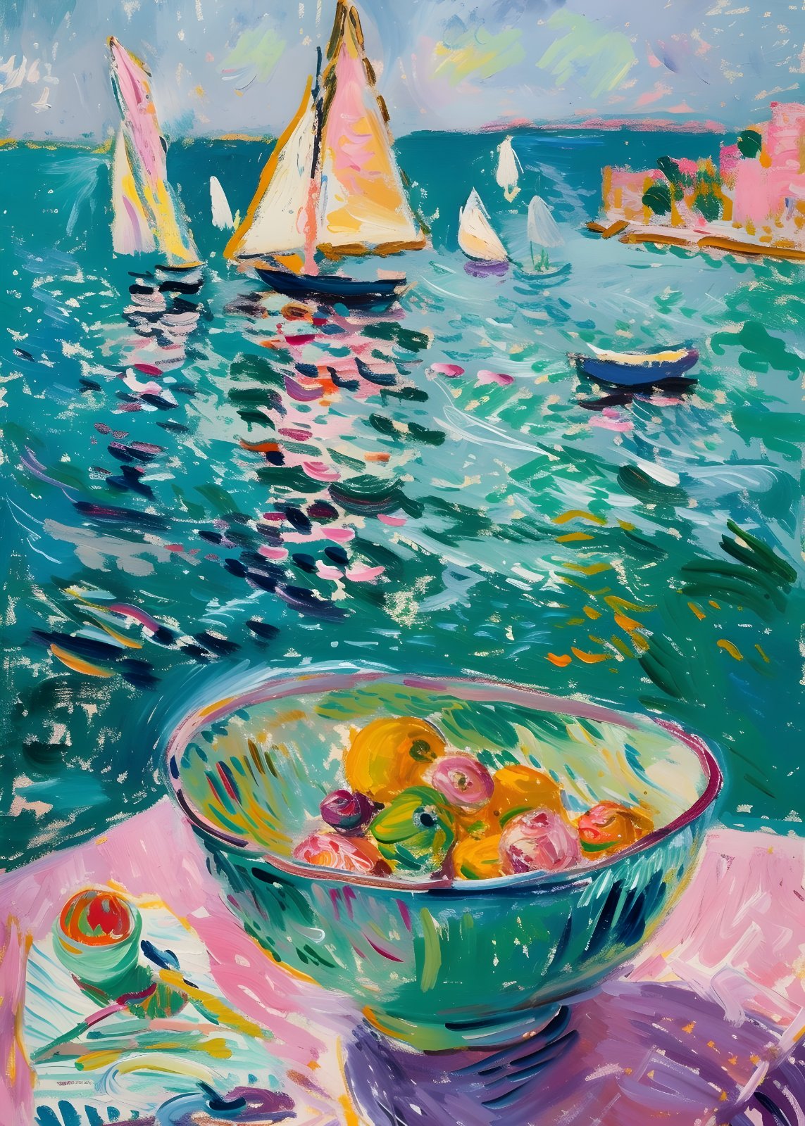 Vibrant Mediterranean Coast Poster - Fauvist Sailboat Poster - Colorful Nautical Impressionist Painting, Coastal Home Decor — Poster
