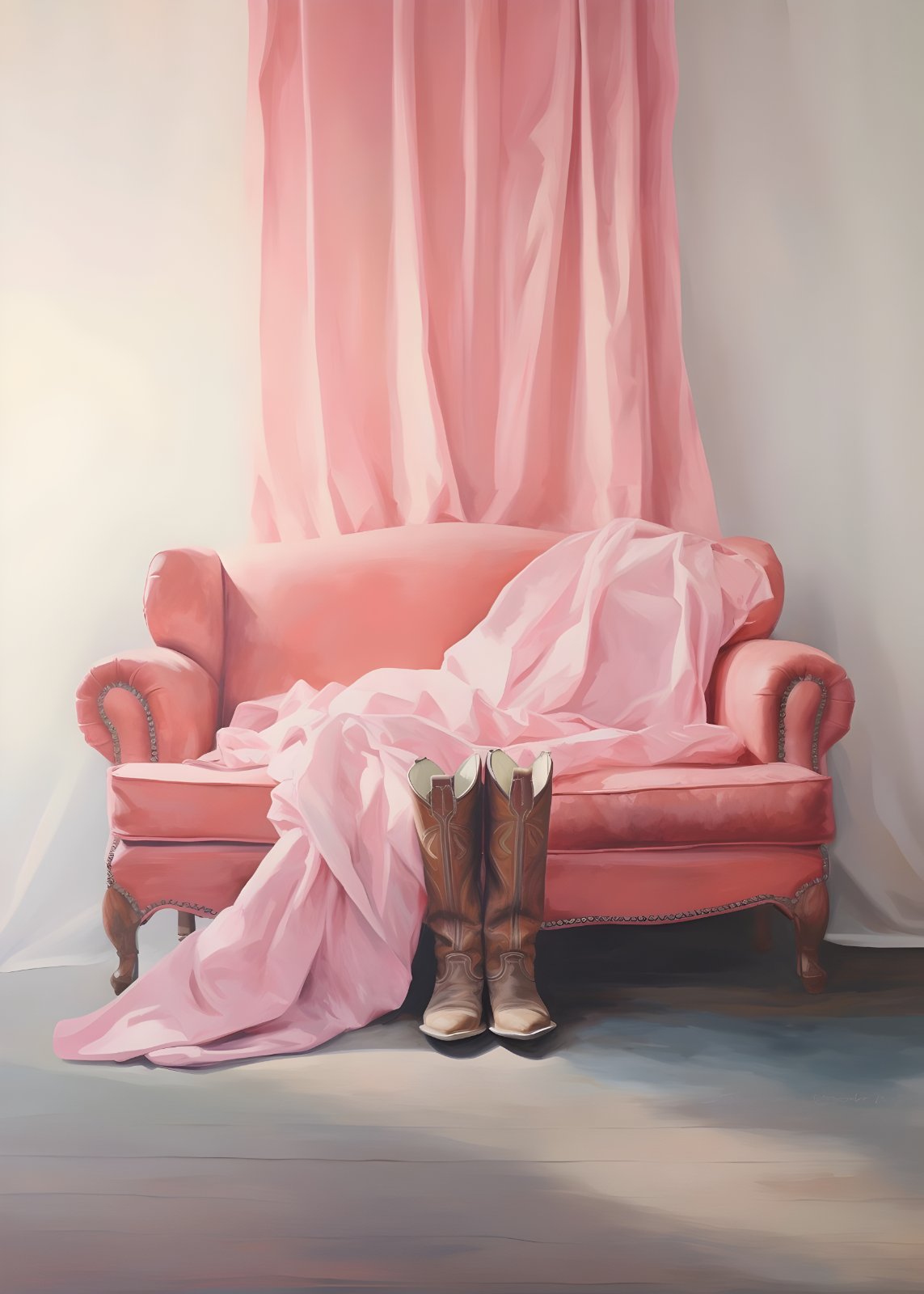 Pink Cowboy Boots Poster | Romantic Western Decor Poster | Coquette Cowgirl Aesthetic Poster, Pastel Pink Couch Art — Poster