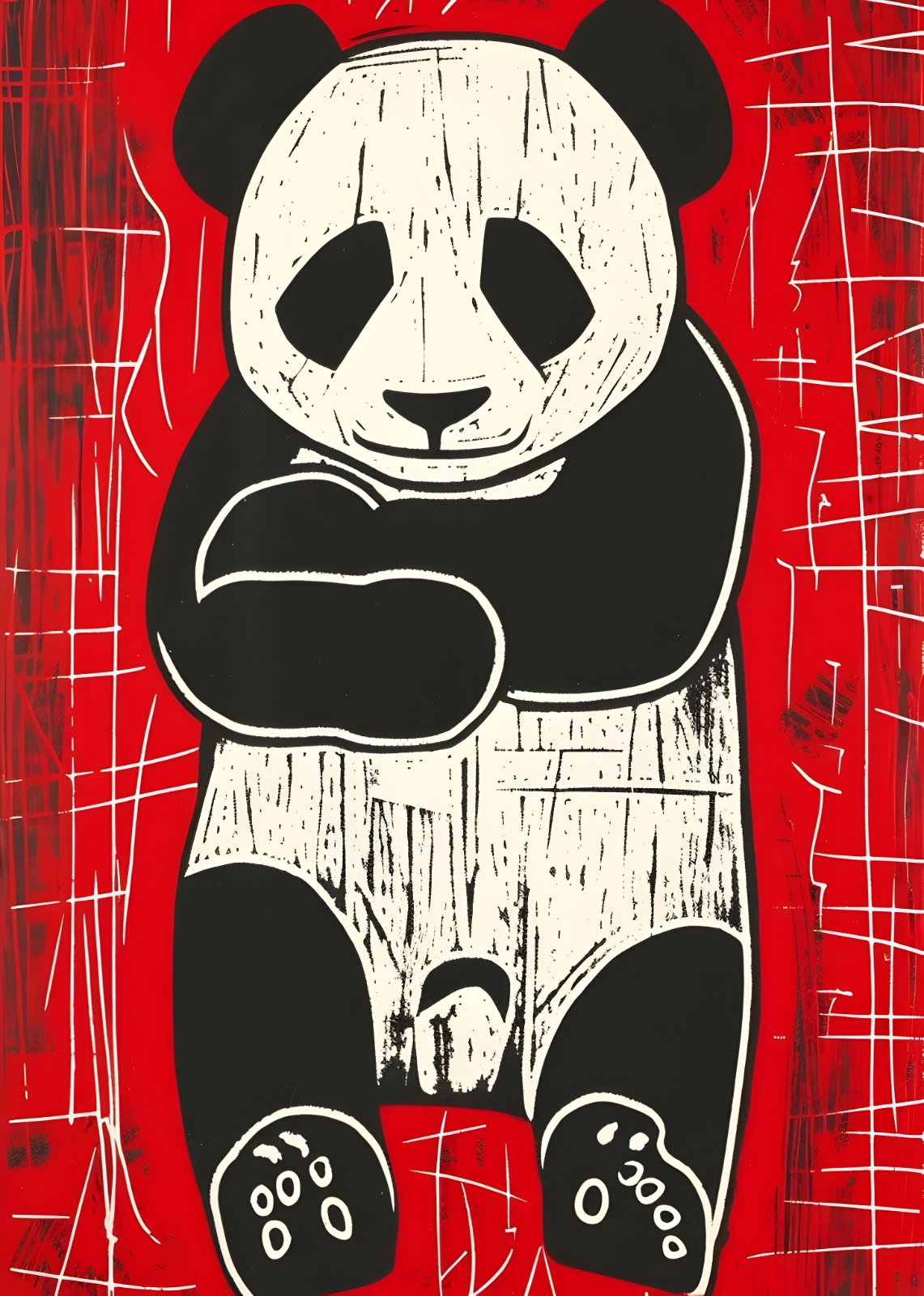 Giant Panda Woodcut Poster - Modern Red and Black Linocut Fine Art Print - Minimalist Asian Animal Artwork for Home Decor — Poster