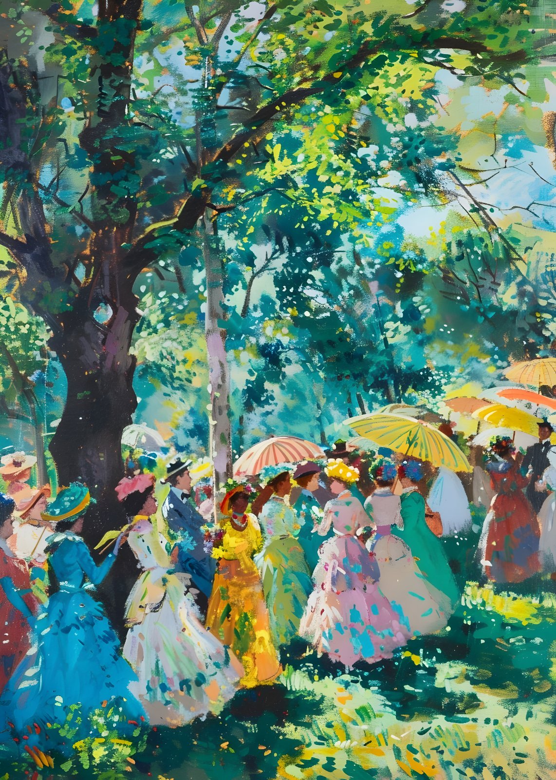 Impressionist Victorian Garden Party Poster - Vibrant Poster, Belle Époque Gathering Painting, Sun-Drenched Summer Promenade Decor — Poster