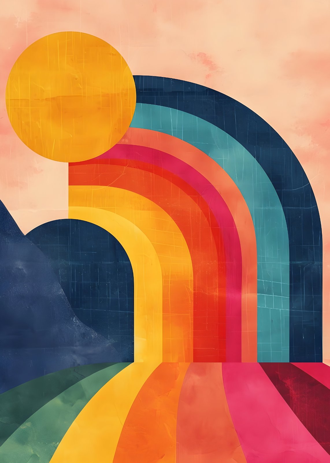 Mid Century Modern Rainbow Poster | Retro Abstract Sun & Landscape Poster | Colorful Boho Home Decor — Poster