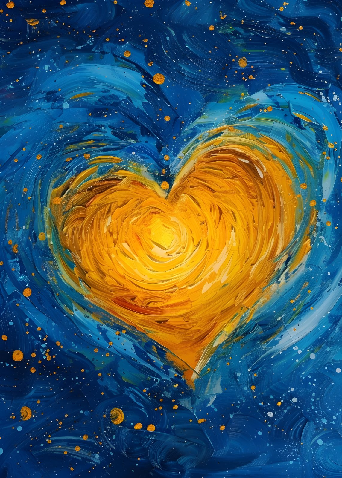 Abstract Gold Heart Poster - Starry Night Style Blue and Yellow Textured Heart Painting Print for Romantic Bedroom & Living Room Decor — Poster