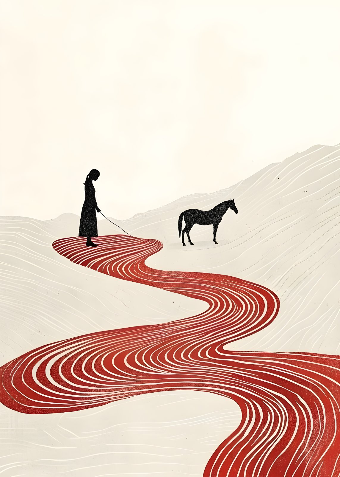 Minimalist Red River Poster | Surreal Woman and Horse Linocut Print | Modern Abstract Landscape Poster | Bohemian Bedroom Wall Decor — Poster