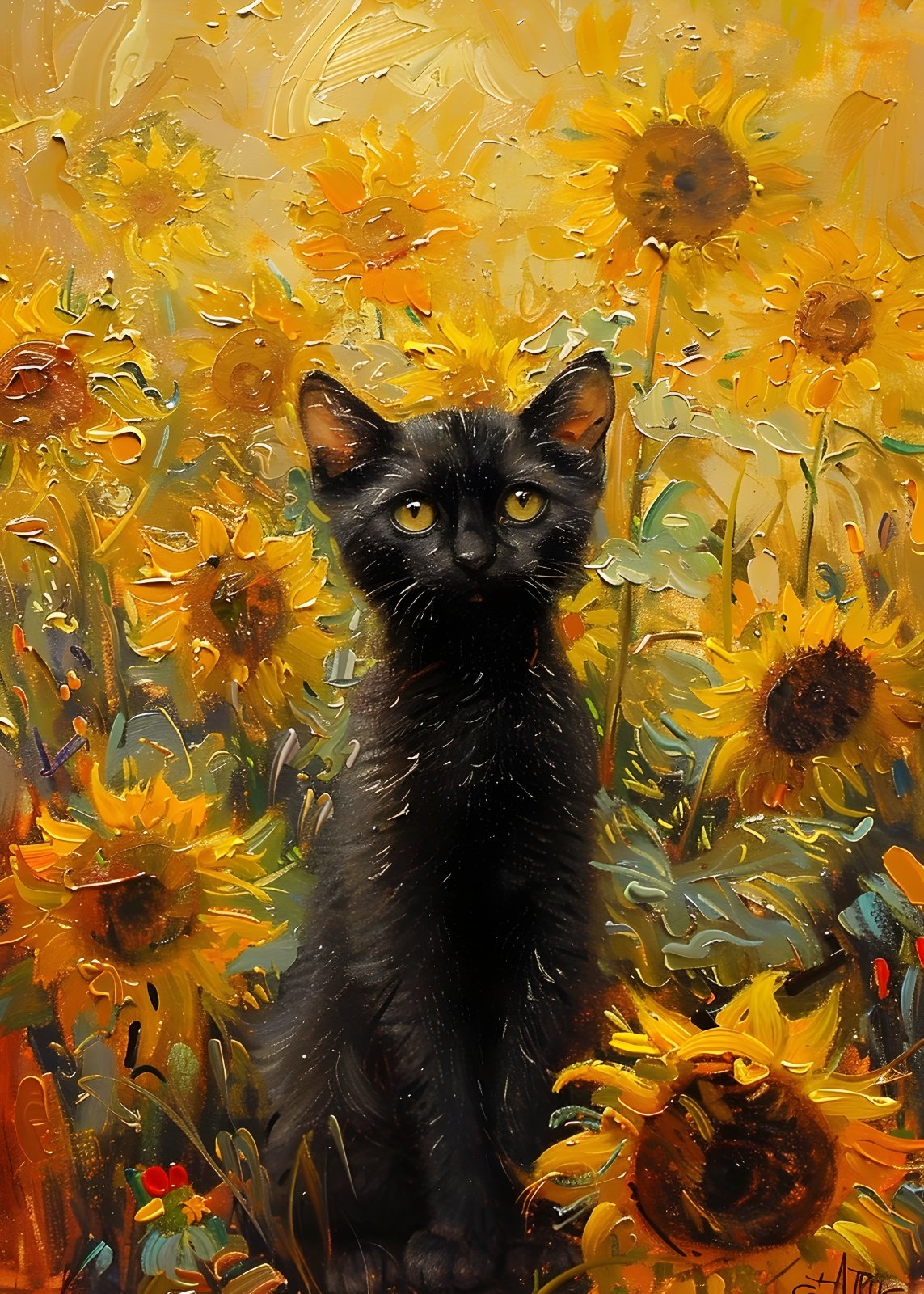 Black Cat in Sunflower Field Impasto Oil Painting Poster Poster — Poster