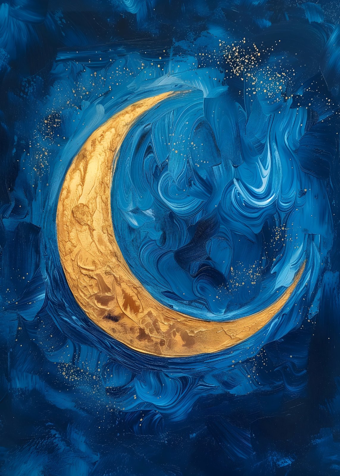 Abstract Gold Crescent Moon Poster - Textured Blue Celestial Oil Painting Poster for Living Room Modern Home Decor — Poster