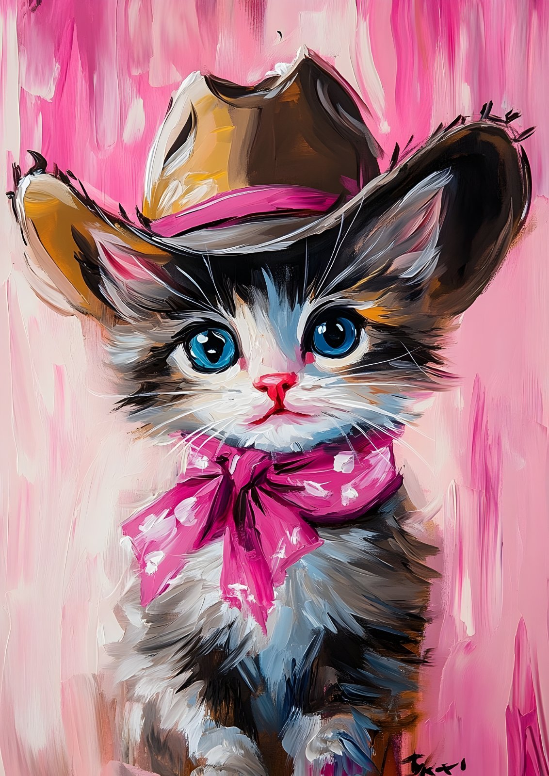 Cute Cowboy Kitten Poster - Fluffy Cat Painting with Pink Bandana and Hat - Charming Nursery & Kids Room Decor — Poster
