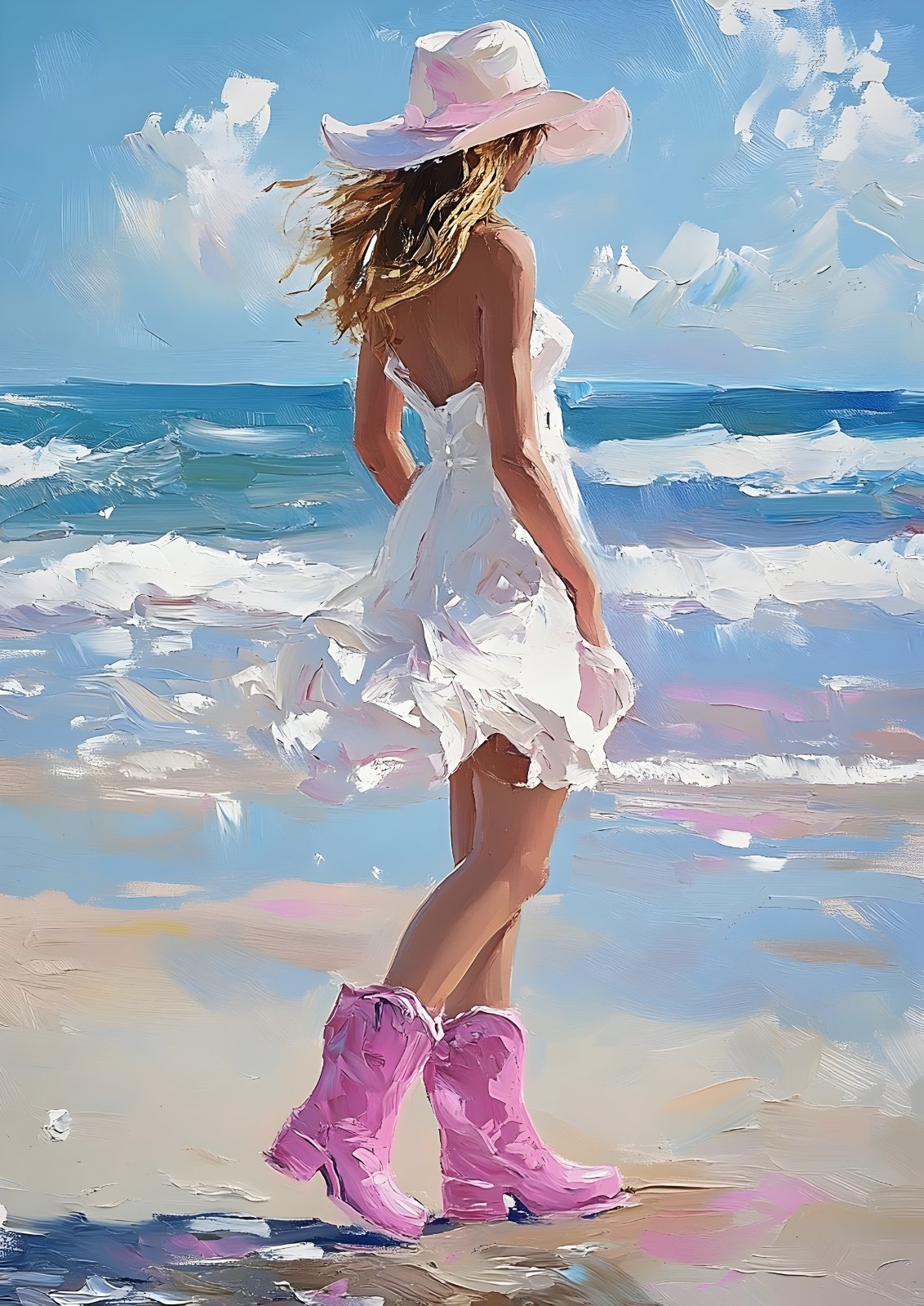 Coastal Beach Woman Impressionist Oil Painting Poster - Pink Cowboy Boots & Sun Hat Print — Poster