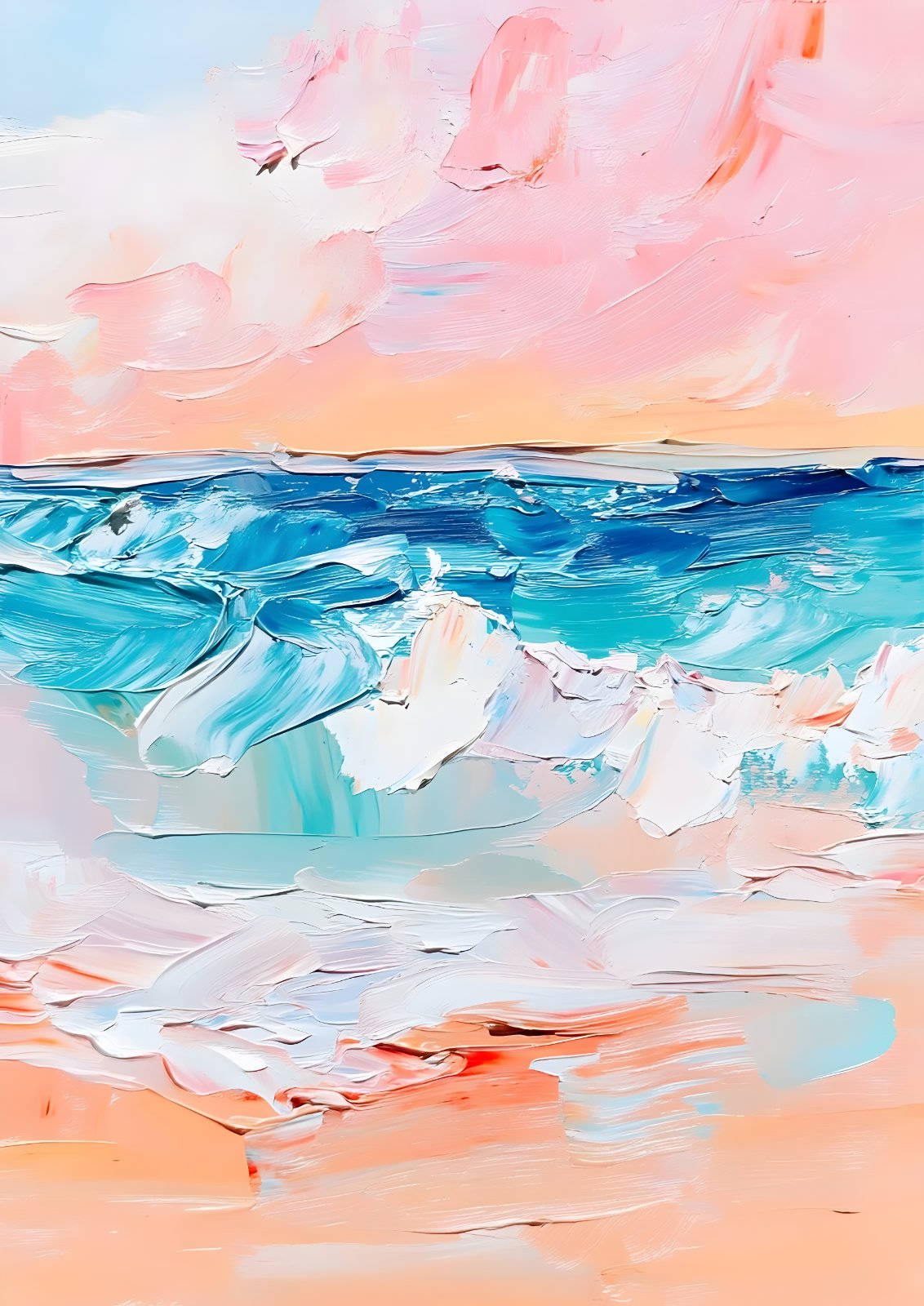 Abstract Beach Poster - Pastel Pink Sky and Turquoise Ocean Impasto Painting Print — Poster