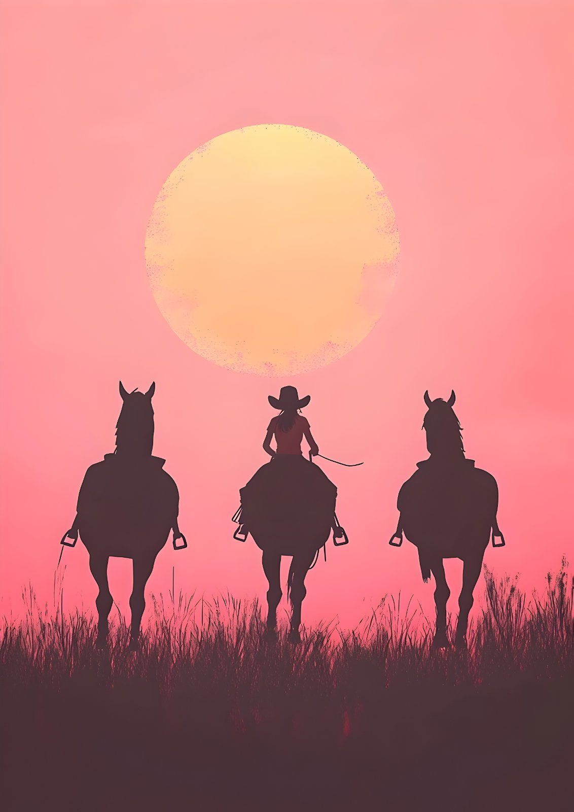 Cowgirl Riding Horse Poster | Western Sunset Silhouette Poster | Minimalist Pink Country Decor | Rustic Equestrian Poster — Poster