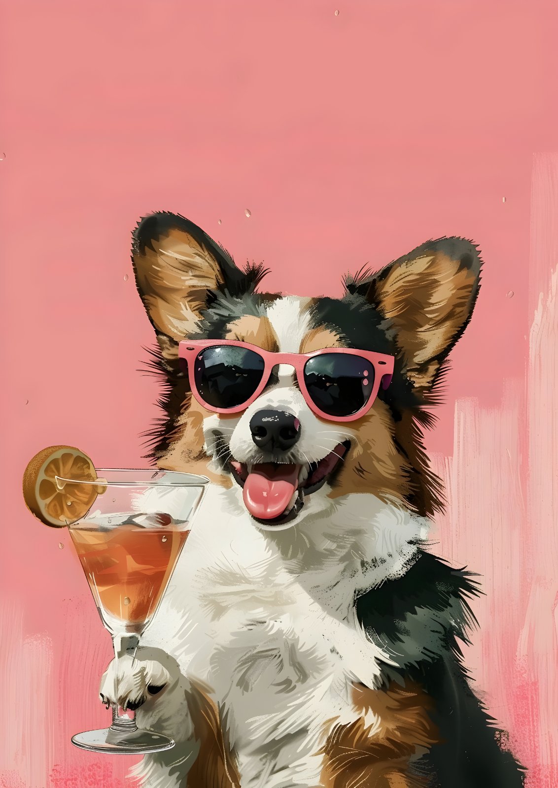 Cool Corgi with Cocktail Poster – Fun Dog Wearing Sunglasses Poster, Vibrant Pink Playful Pet Decor for Living Room & Bar — Poster