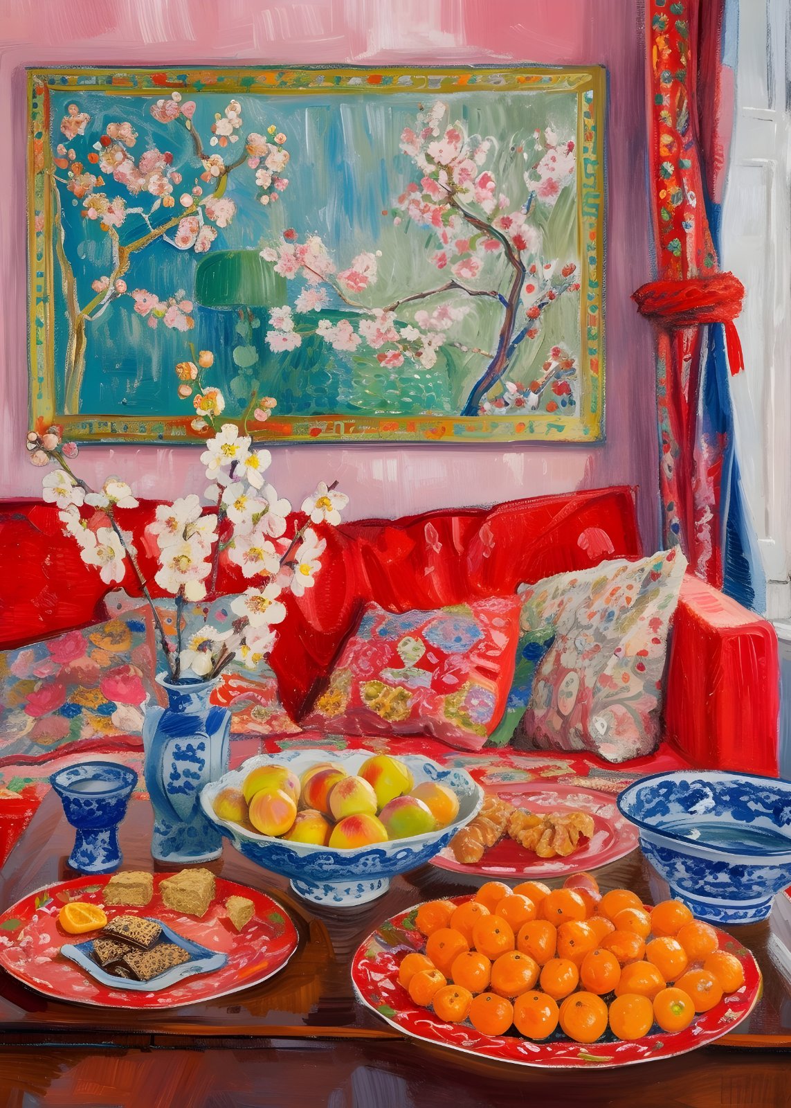 Vibrant Impressionist Interior Poster - Pink Room with Cherry Blossom Painting, Red Sofa, and Blue Porcelain Table Decor — Poster
