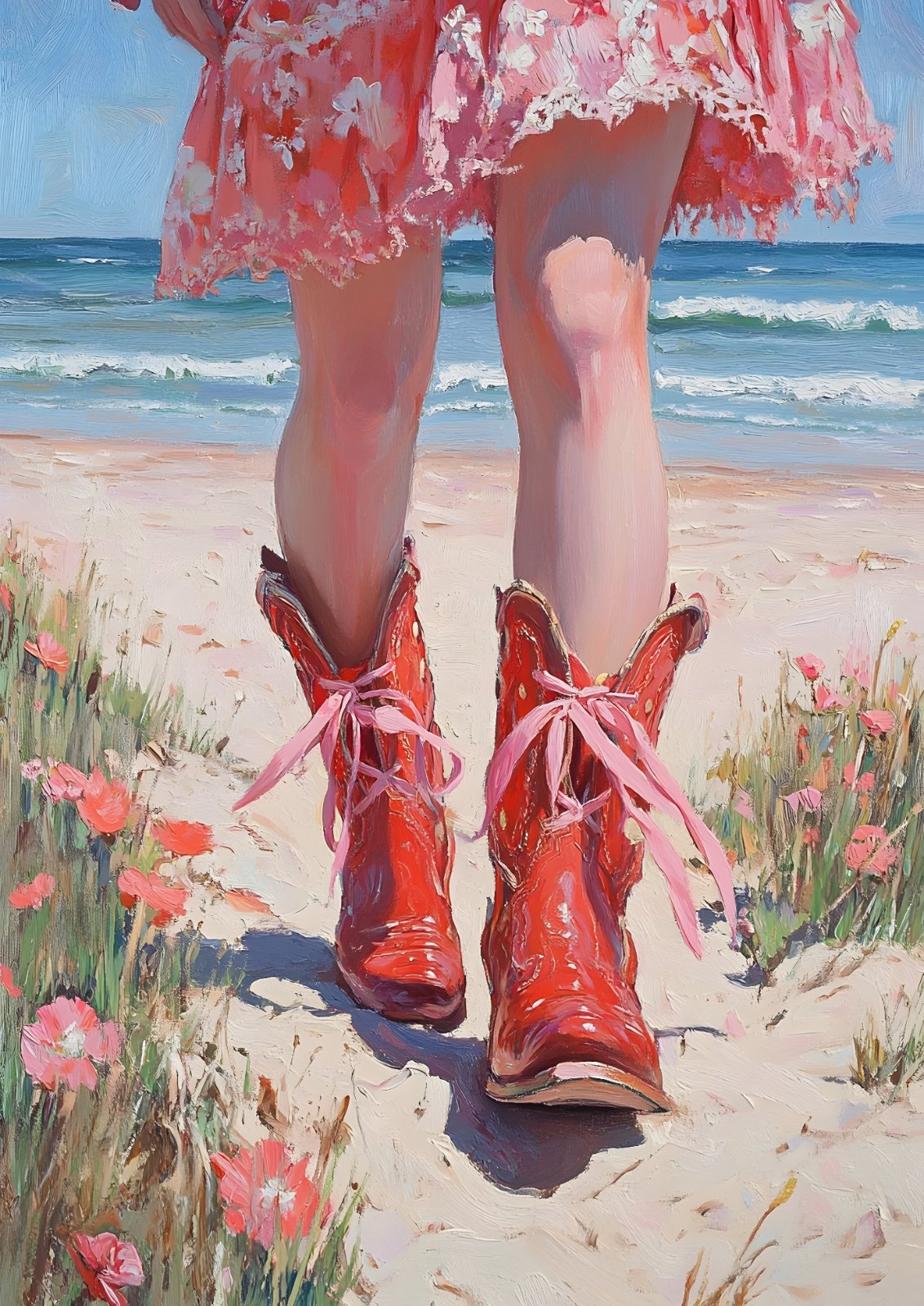 Red Cowboy Boots on Beach Poster - Coastal Coquette Aesthetic Impressionist Oil Painting Print — Poster