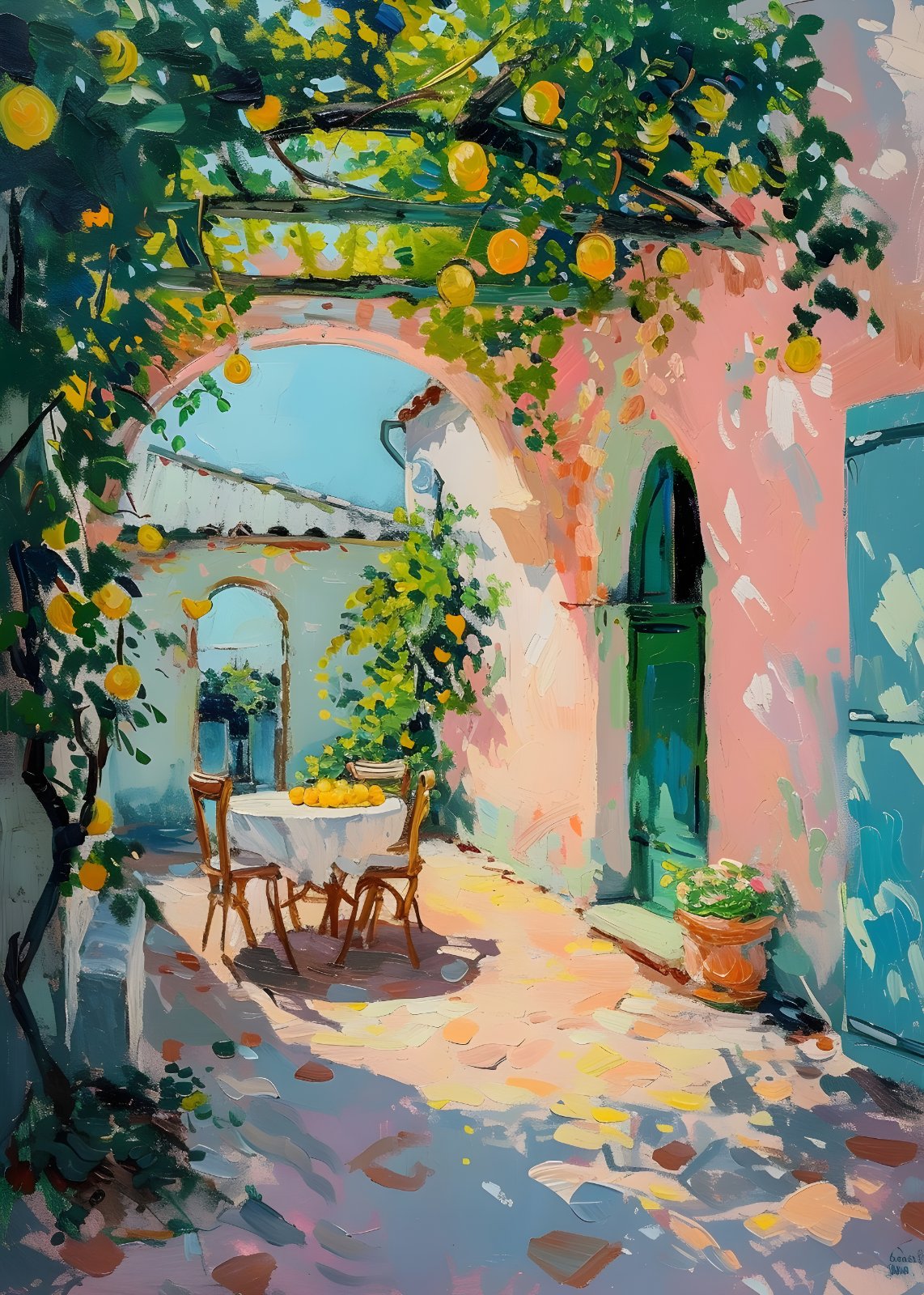 Mediterranean Lemon Orchard Patio Poster - Italian Courtyard Poster - Sun-Drenched Terrace Painting — Poster