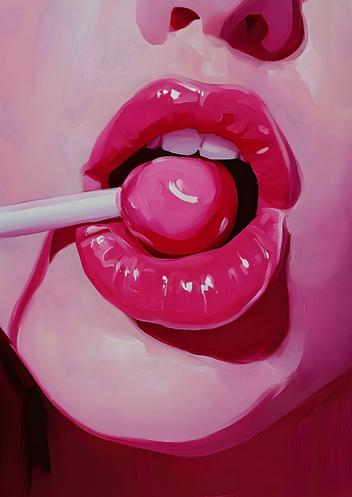 Pink Pop Art Lips Poster - Modern Glam Cherry Lollipop Painting Print - Trendy Girly Aesthetic Decor for Bedroom, Living Room, Vanity — Poster