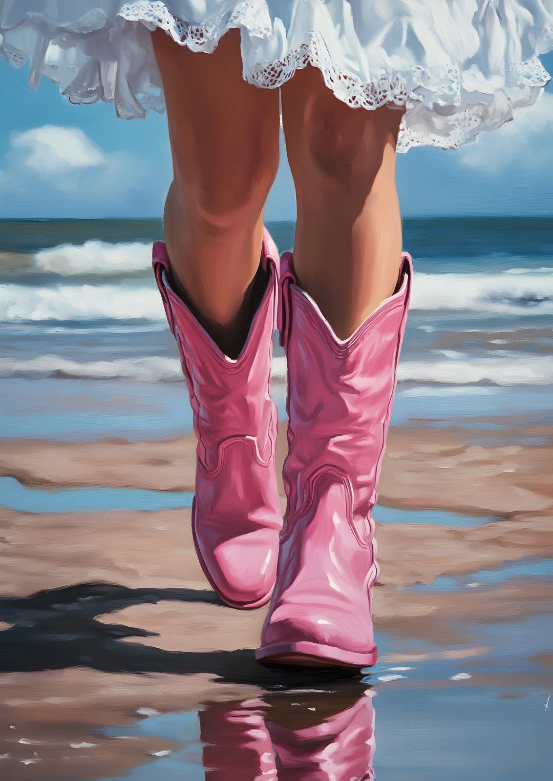 Pink Cowboy Boots Beach Poster | Coastal Cowgirl Oil Painting Print — Poster