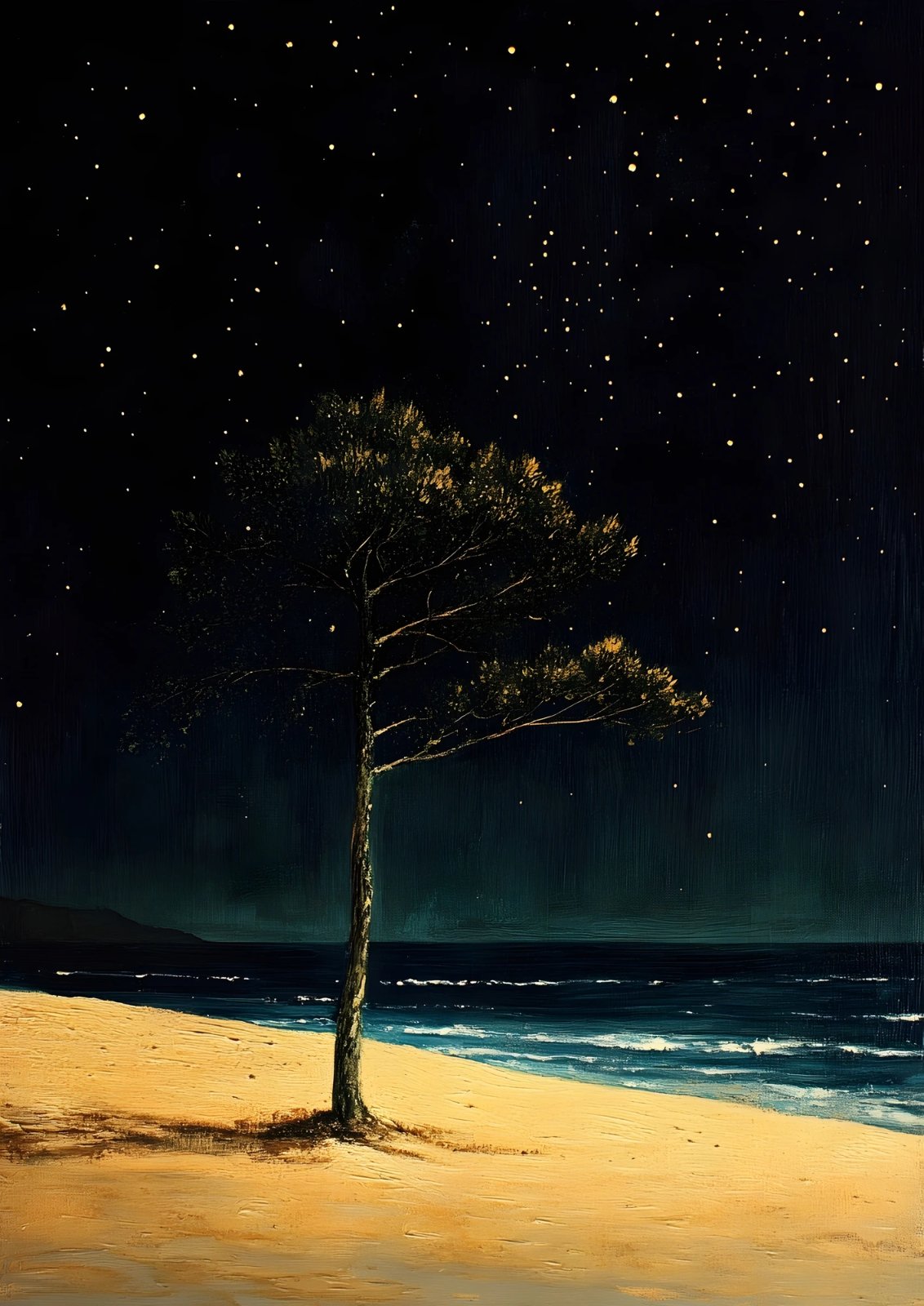 Lone Tree on Starry Night Beach Poster - Serene Coastal Ocean Painting Print — Poster