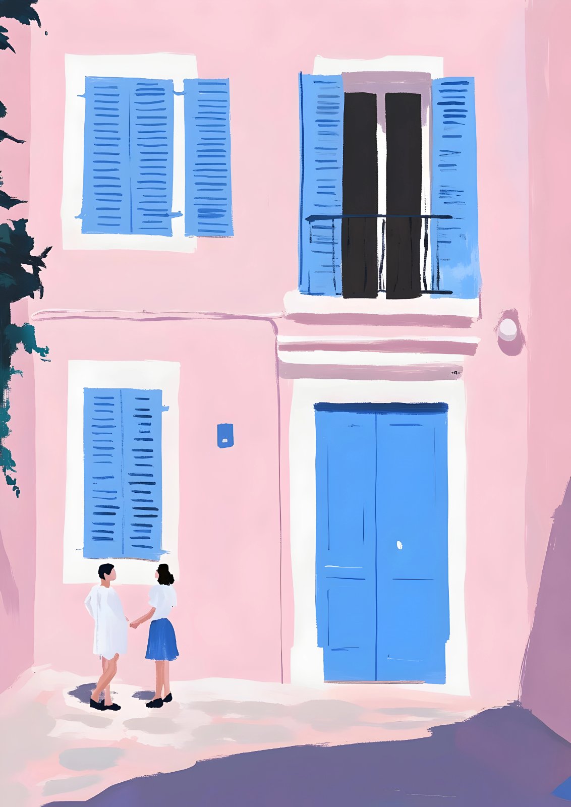 Mediterranean Charm Pastel Pink Poster - Vibrant Blue Door and Shutters Poster — Poster