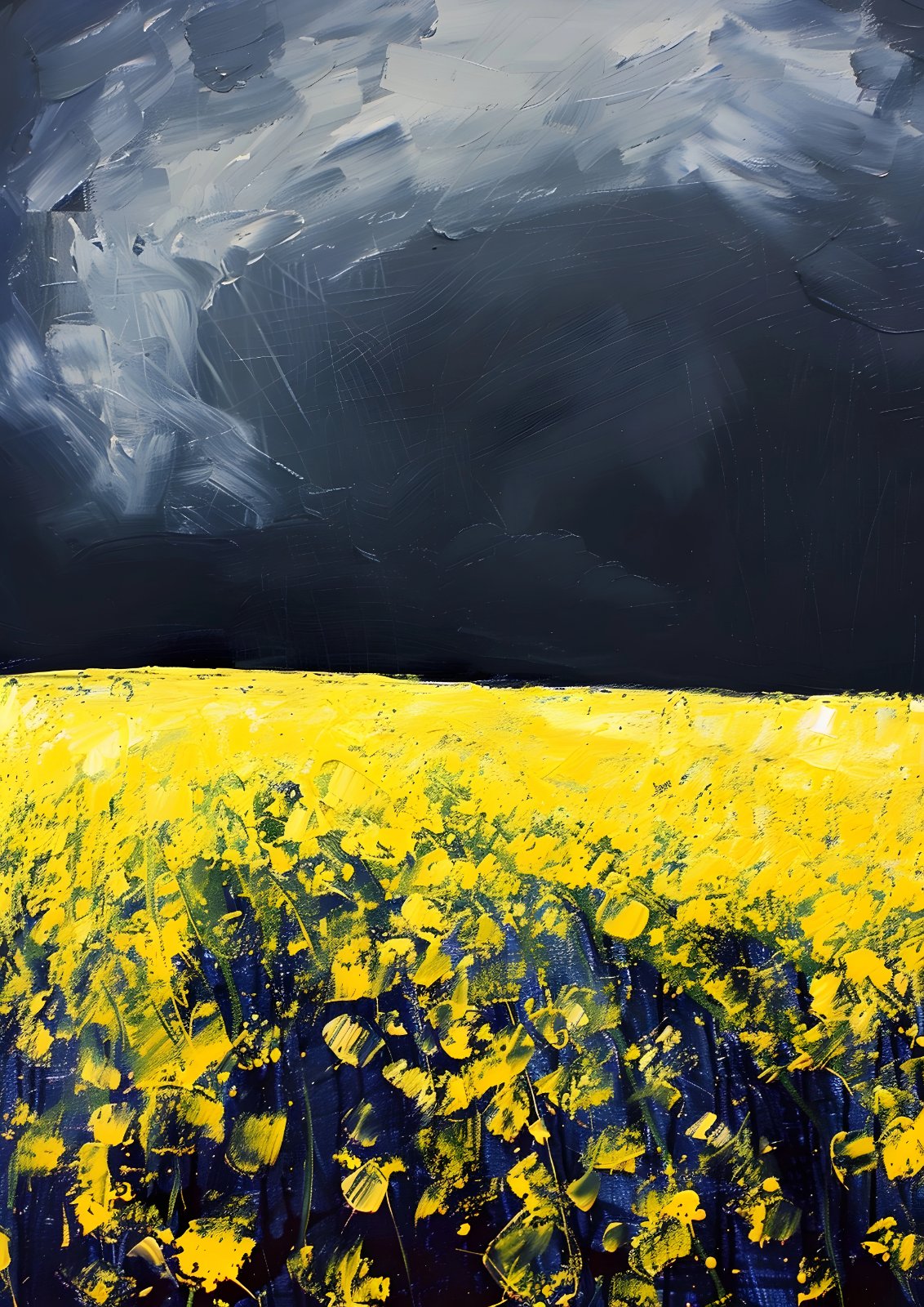 Dramatic Stormy Sky and Yellow Wildflower Field Poster - Modern Textured Abstract Poster — Poster