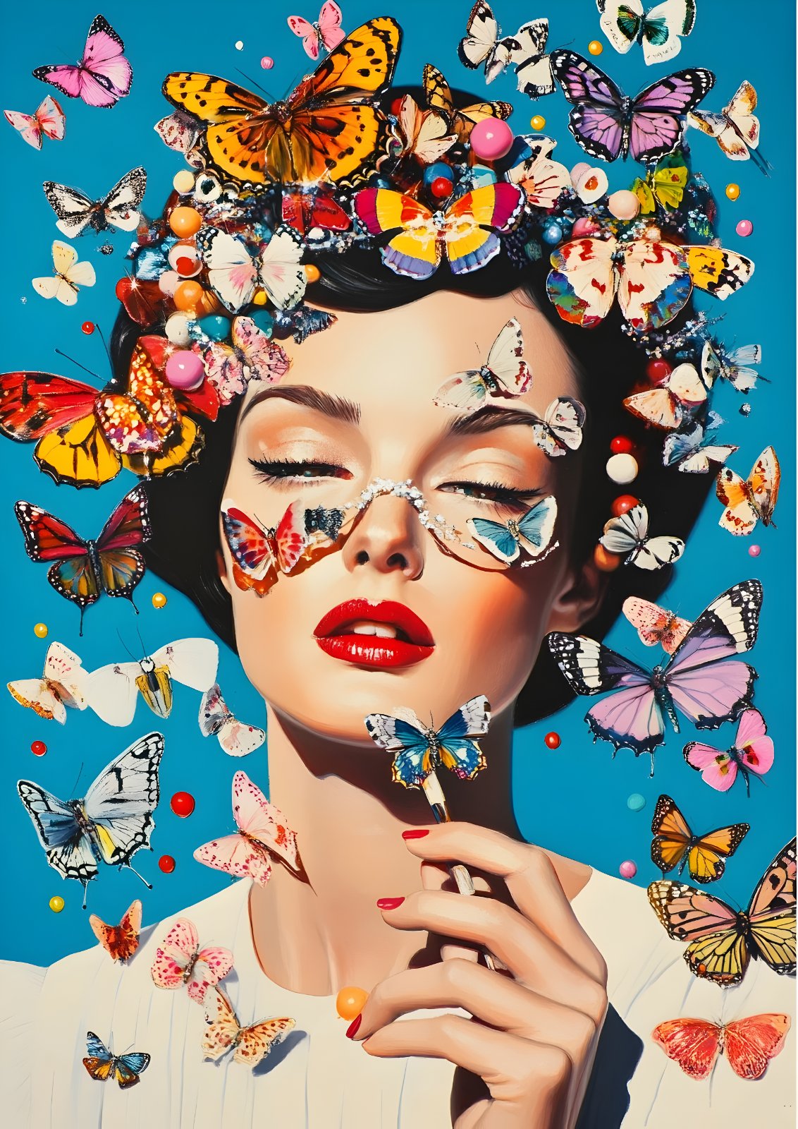 Surreal Butterfly Woman Poster - Vibrant Pop Art Female Portrait Print, Whimsical Butterfly Crown Poster for Living Room Decor — Poster