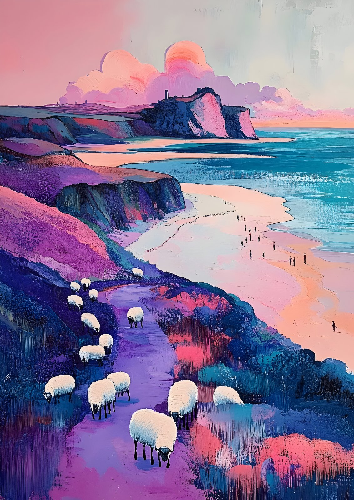 Vibrant Coastal Landscape Poster - Pastel Ocean Cliffs Painting Print, Whimsical Sheep Path and Beach Sunset Poster — Poster