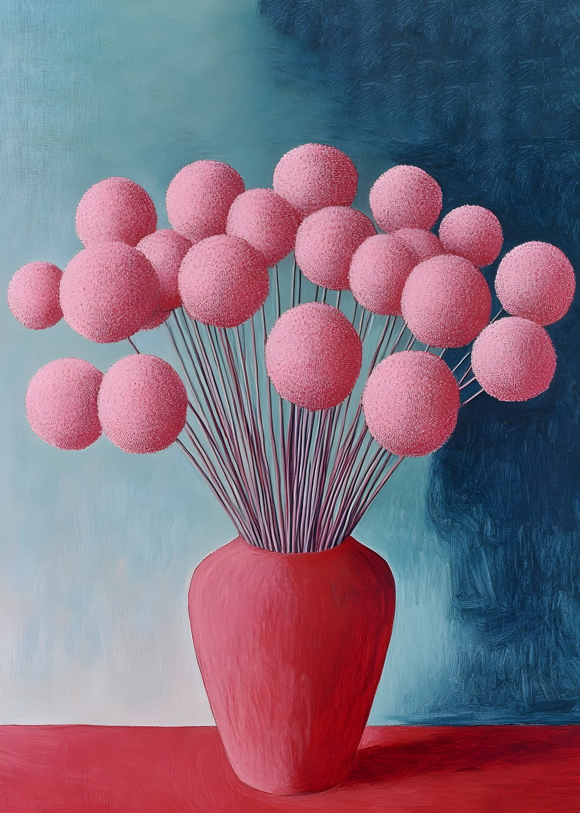 Minimalist Pink Pom Pom Flower Poster | Modern Floral Poster | Textured Abstract Botanical Painting | Red Vase Teal Background Large Poster Art — Poster