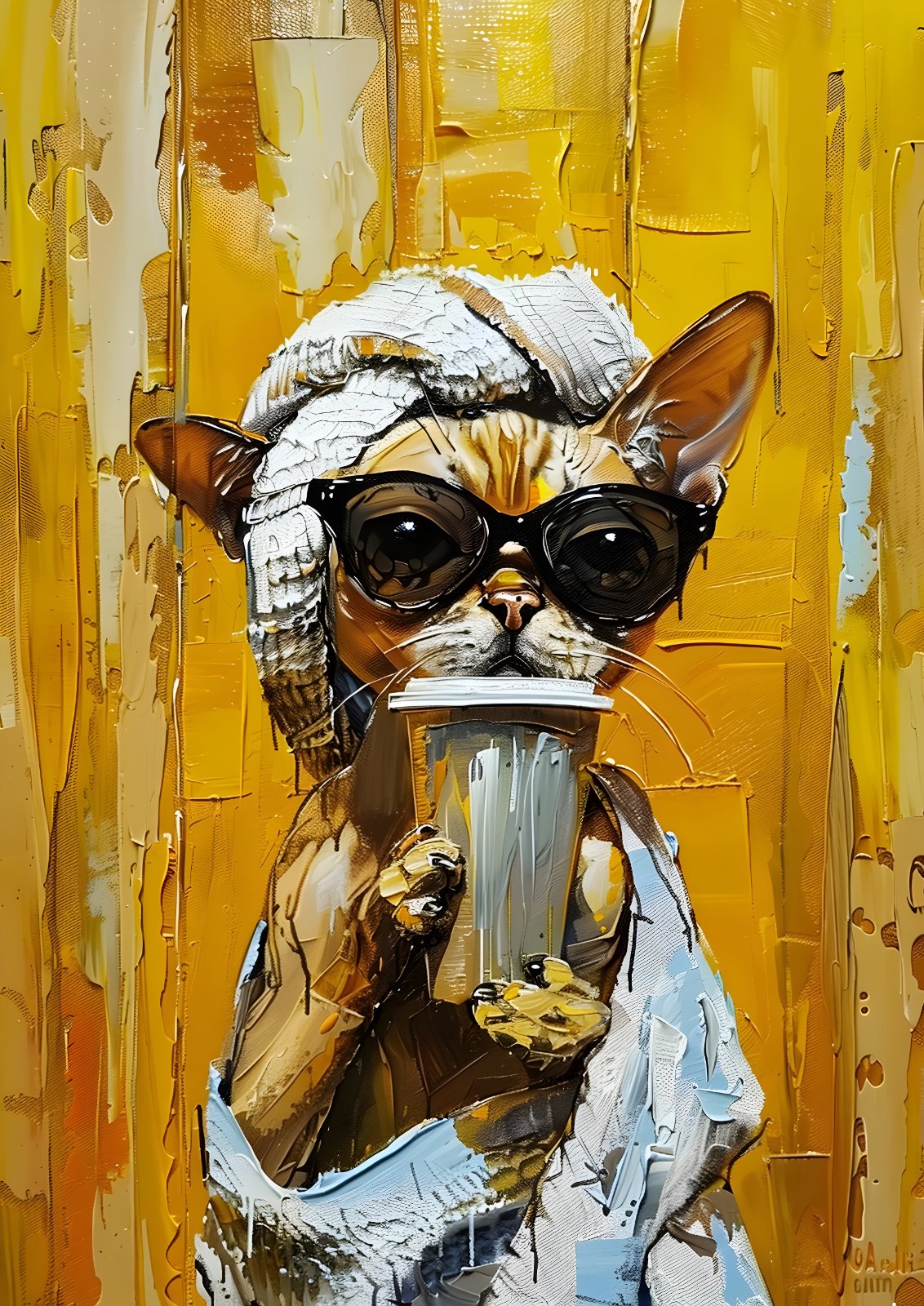 Funny Cat Poster, Chic Poster, Yellow Bathroom Decor, Impasto Oil Painting Style, Whimsical Cat Holding Coffee and Wearing Sunglasses — Poster