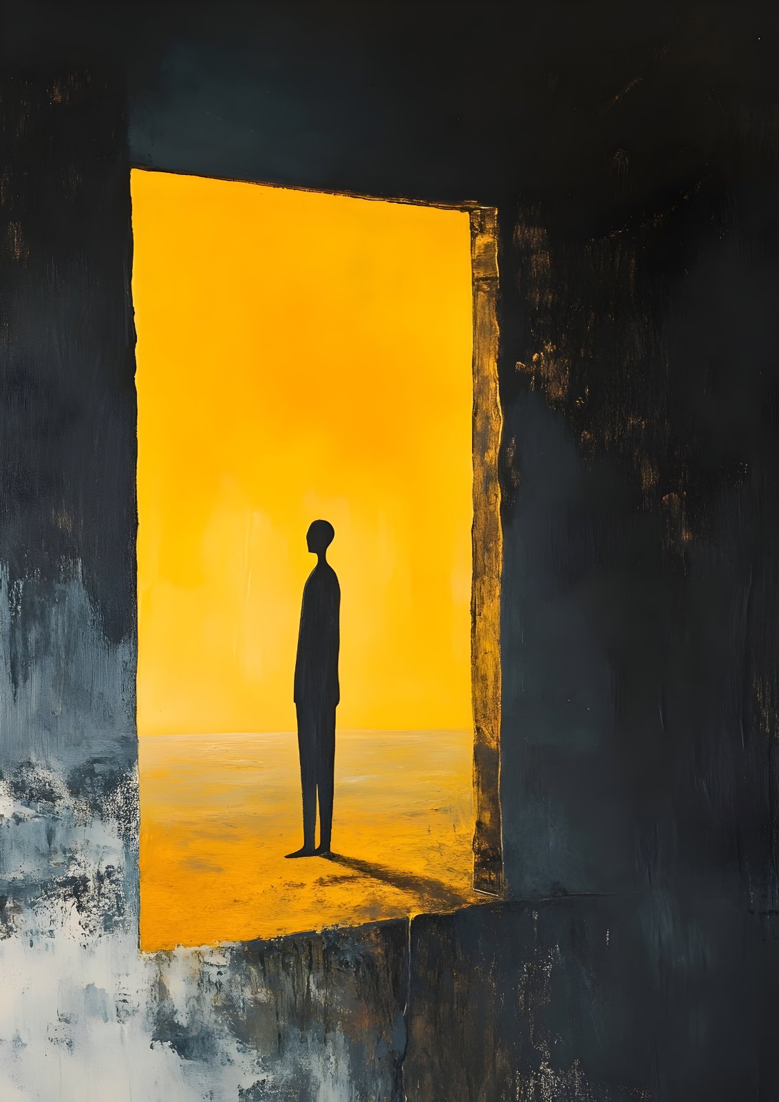 Minimalist Silhouette Poster - Surreal Solitude Poster, Modern Yellow and Black Abstract Painting — Poster
