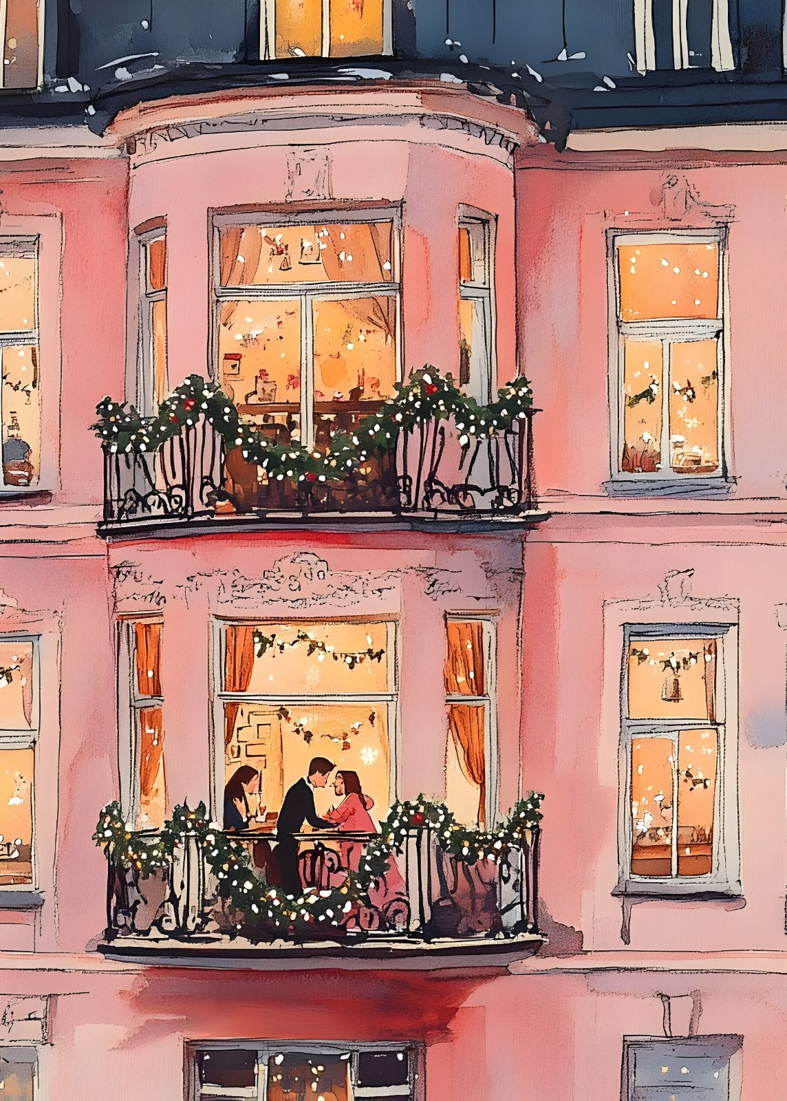 Romantic Paris Apartment Poster, Cozy Winter Balcony Art Print, Whimsical Couple Illustration, Festive Christmas Home Decor, Pink Building Watercolor Print — Poster